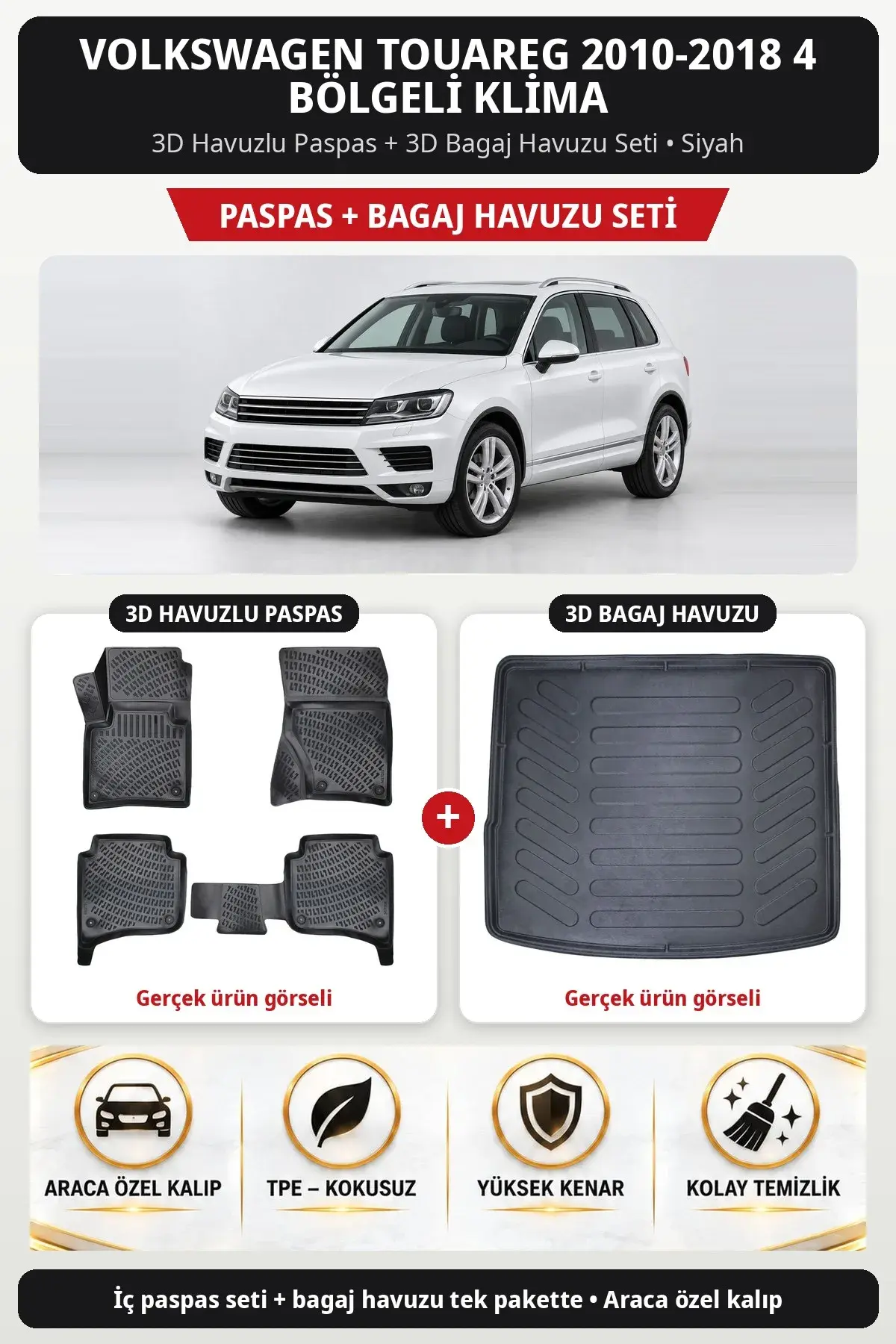 Volkswagen Touareg 2010-2018 4 Bölgeli Klima 3D Havuzlu Paspas + 3D Bagaj Havuzu Seti Bej (1)