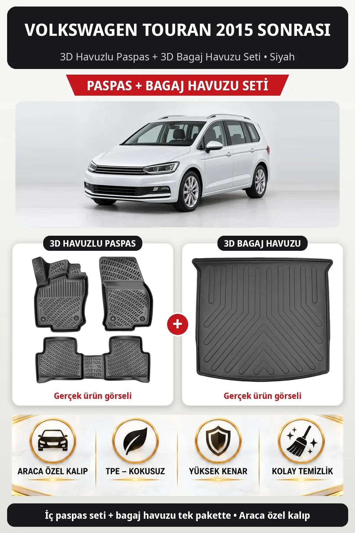 Volkswagen Touran 2015 Sonrası 3D Havuzlu Paspas + 3D Bagaj Havuzu Seti Siyah (1)