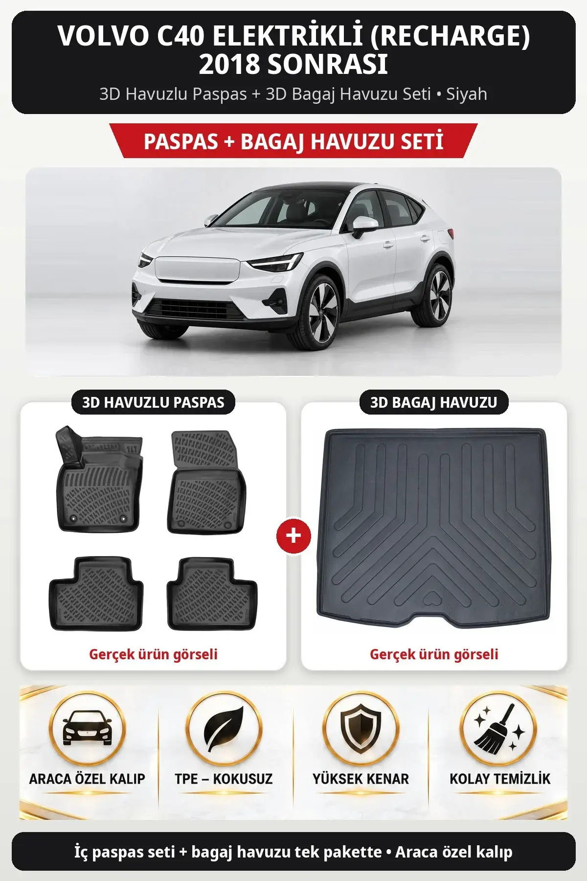 Volvo C40 Elektrikli (Recharge) 2018 Sonrası 3D Havuzlu Paspas + 3D Bagaj Havuzu Seti Siyah (1)