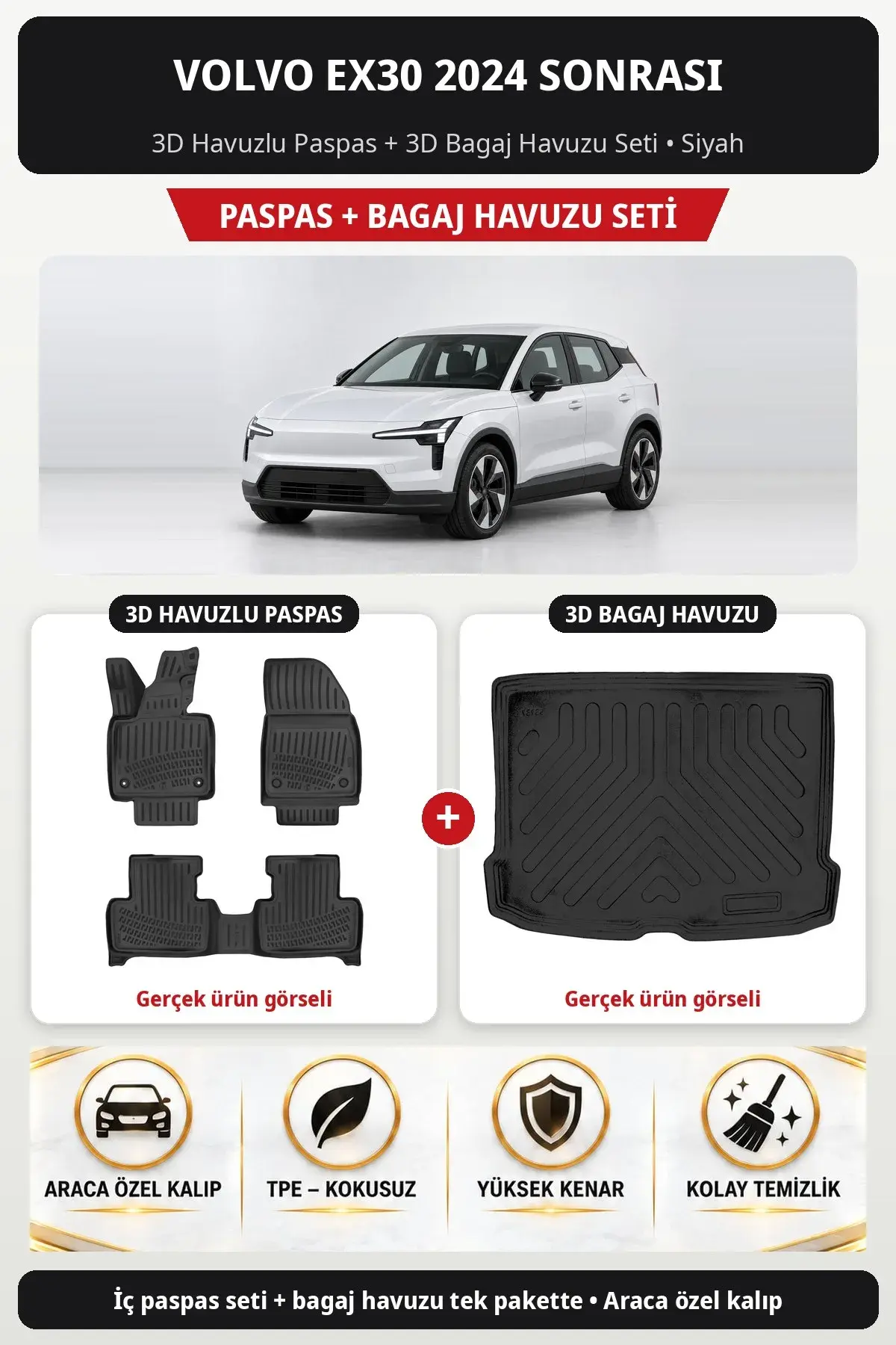 Volvo EX30 2024 Sonrası 3D Havuzlu Paspas + 3D Bagaj Havuzu Seti Siyah (1)