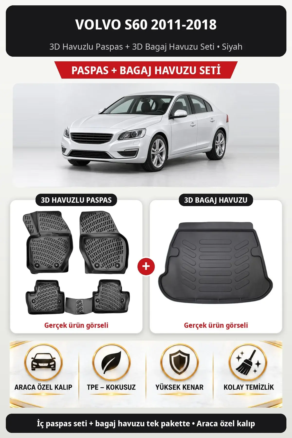 Volvo S60 2011-2018 3D Havuzlu Paspas + 3D Bagaj Havuzu Seti Siyah (1)