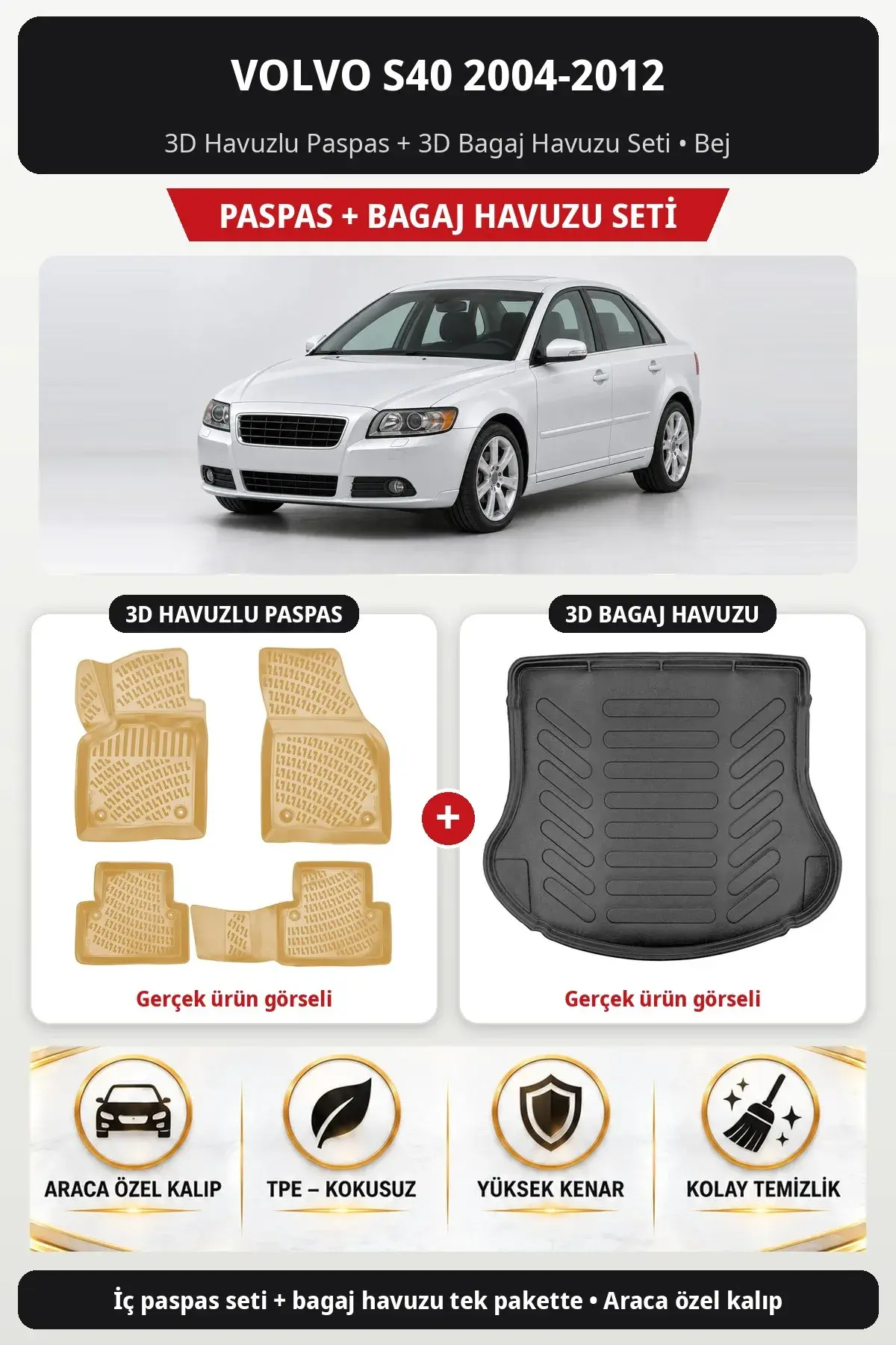 Volvo S40 2004-2012 3D Havuzlu Paspas + 3D Bagaj Havuzu Seti Bej (1)