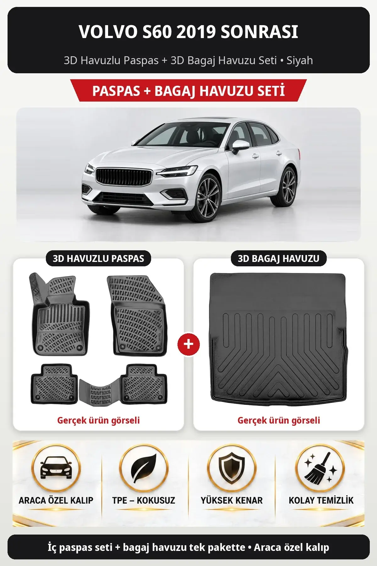 Volvo S60 2019 Sonrası 3D Havuzlu Paspas + 3D Bagaj Havuzu Seti Siyah (1)