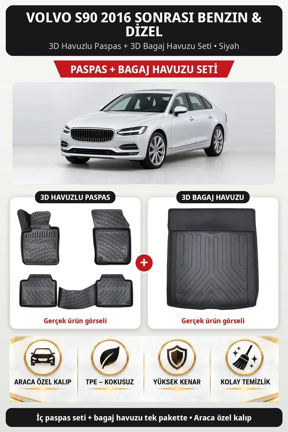 Volvo S90 2016 Sonrası Benzin & Dizel 3D Havuzlu Paspas + 3D Bagaj Havuzu Seti Siyah (1)