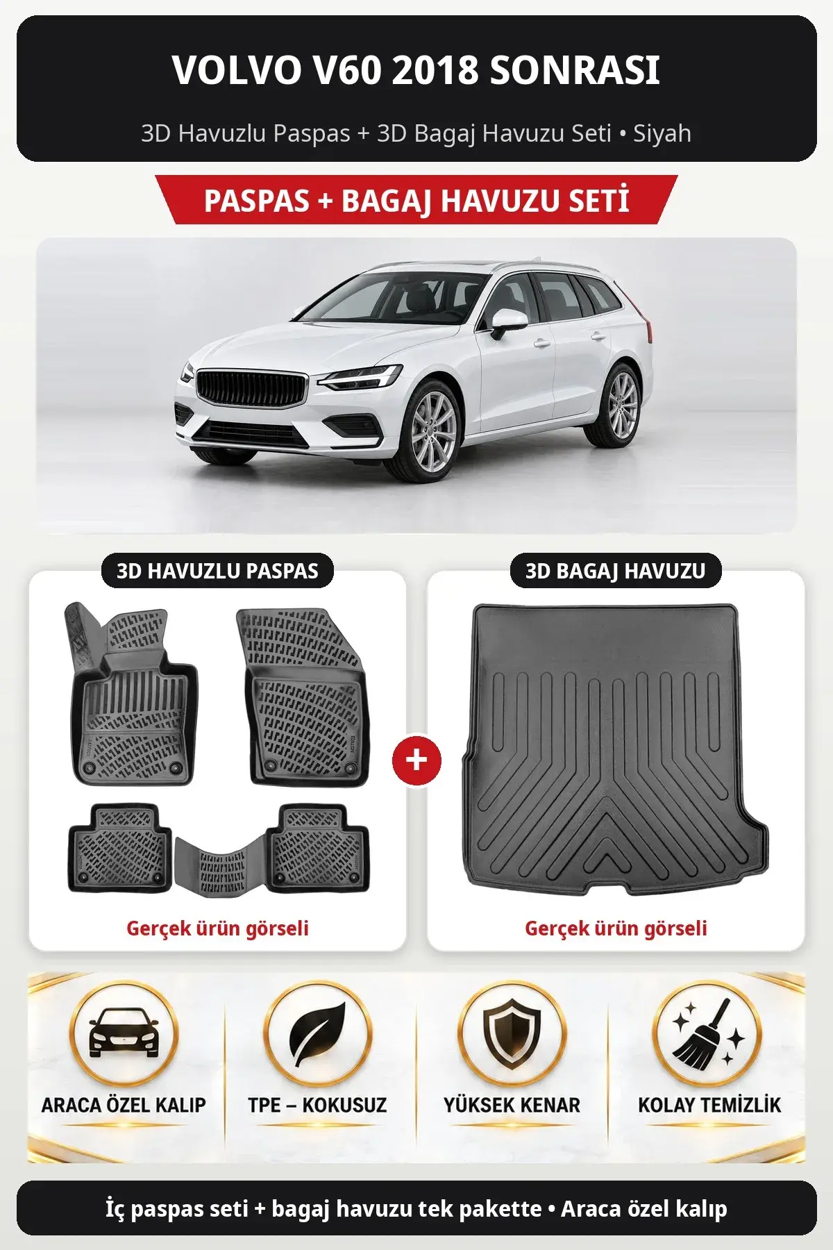Volvo V60 2018 Sonrası 3D Havuzlu Paspas + 3D Bagaj Havuzu Seti Siyah (1)