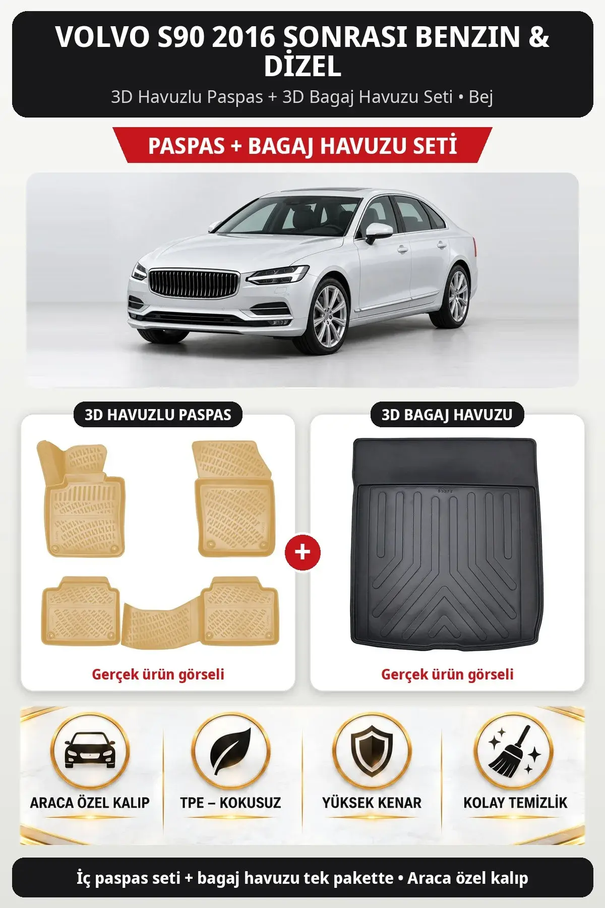 Volvo S90 2016 Sonrası Benzin & Dizel 3D Havuzlu Paspas + 3D Bagaj Havuzu Seti Bej (1)