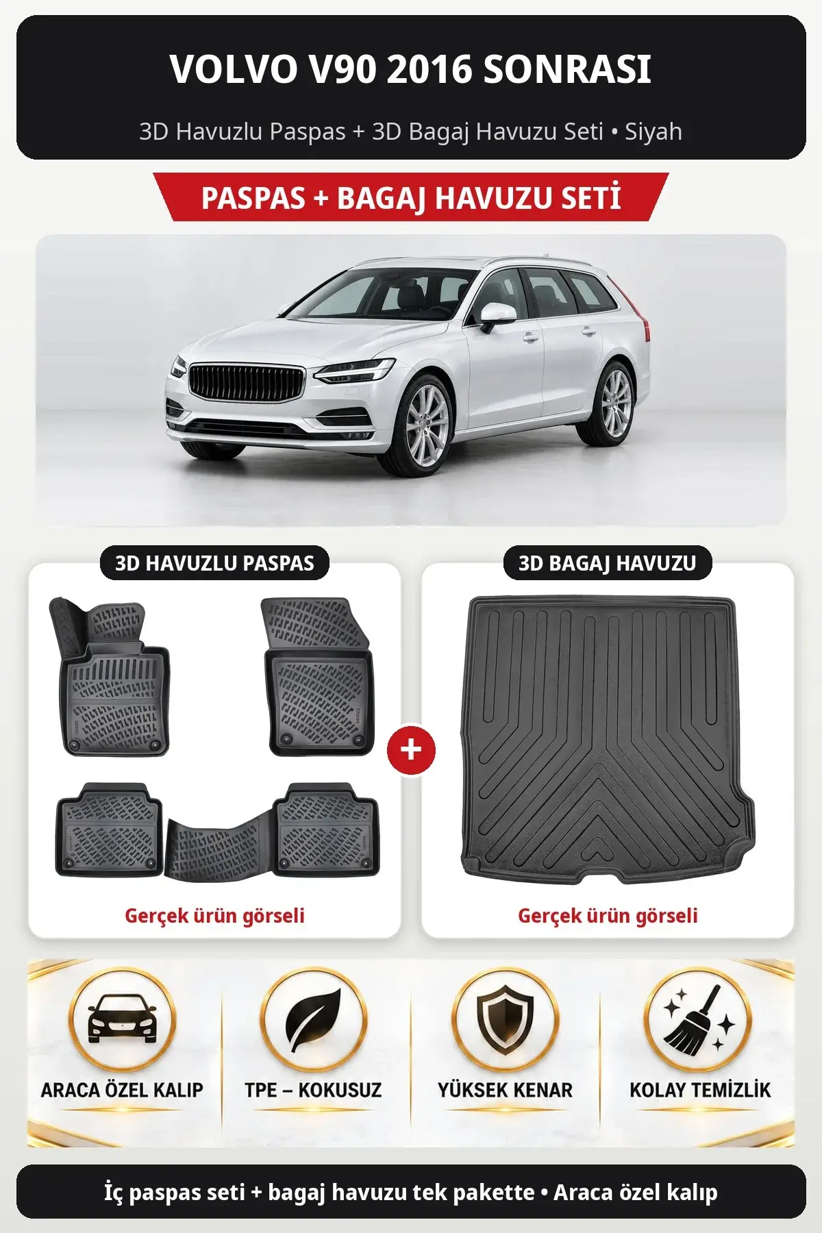 Volvo V90 2016 Sonrası 3D Havuzlu Paspas + 3D Bagaj Havuzu Seti Siyah (1)