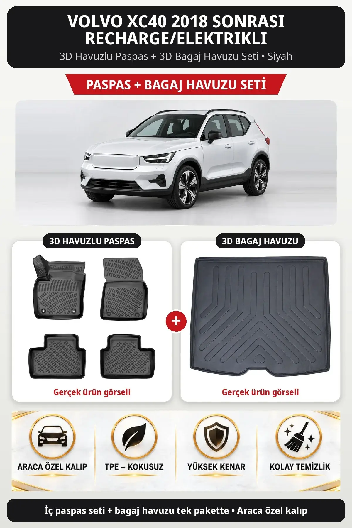 Volvo XC40 2018 Sonrası Recharge/Elektrikli 3D Havuzlu Paspas + 3D Bagaj Havuzu Seti Siyah (1)