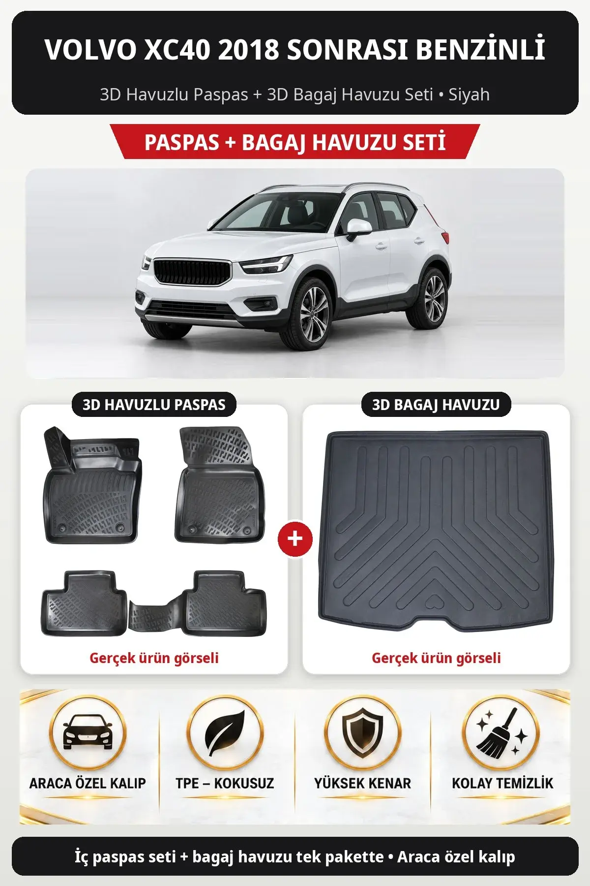 Volvo XC40 2018 Sonrası Benzinli 3D Havuzlu Paspas + 3D Bagaj Havuzu Seti Siyah (1)