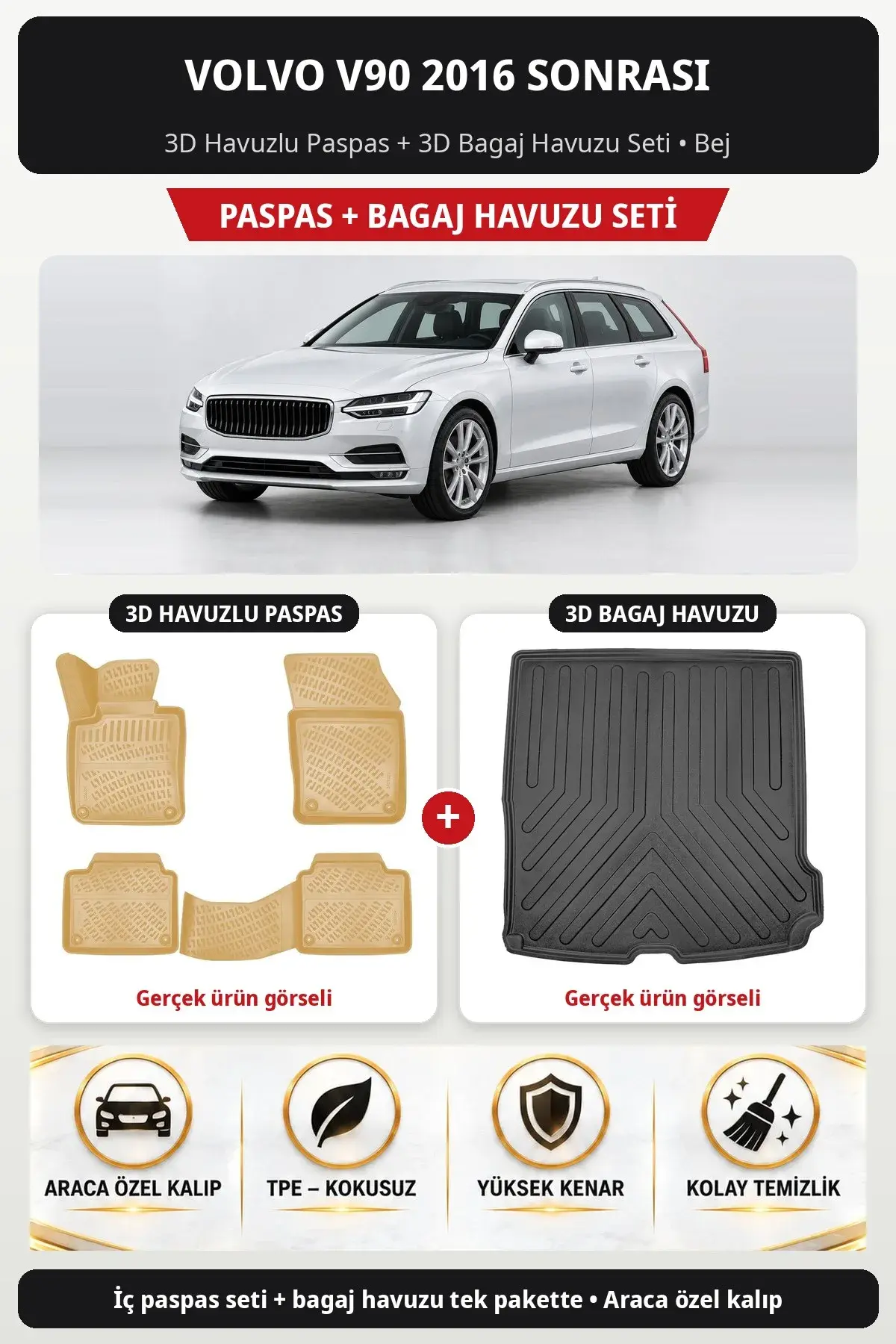 Volvo V90 2016 Sonrası 3D Havuzlu Paspas + 3D Bagaj Havuzu Seti Bej (1)