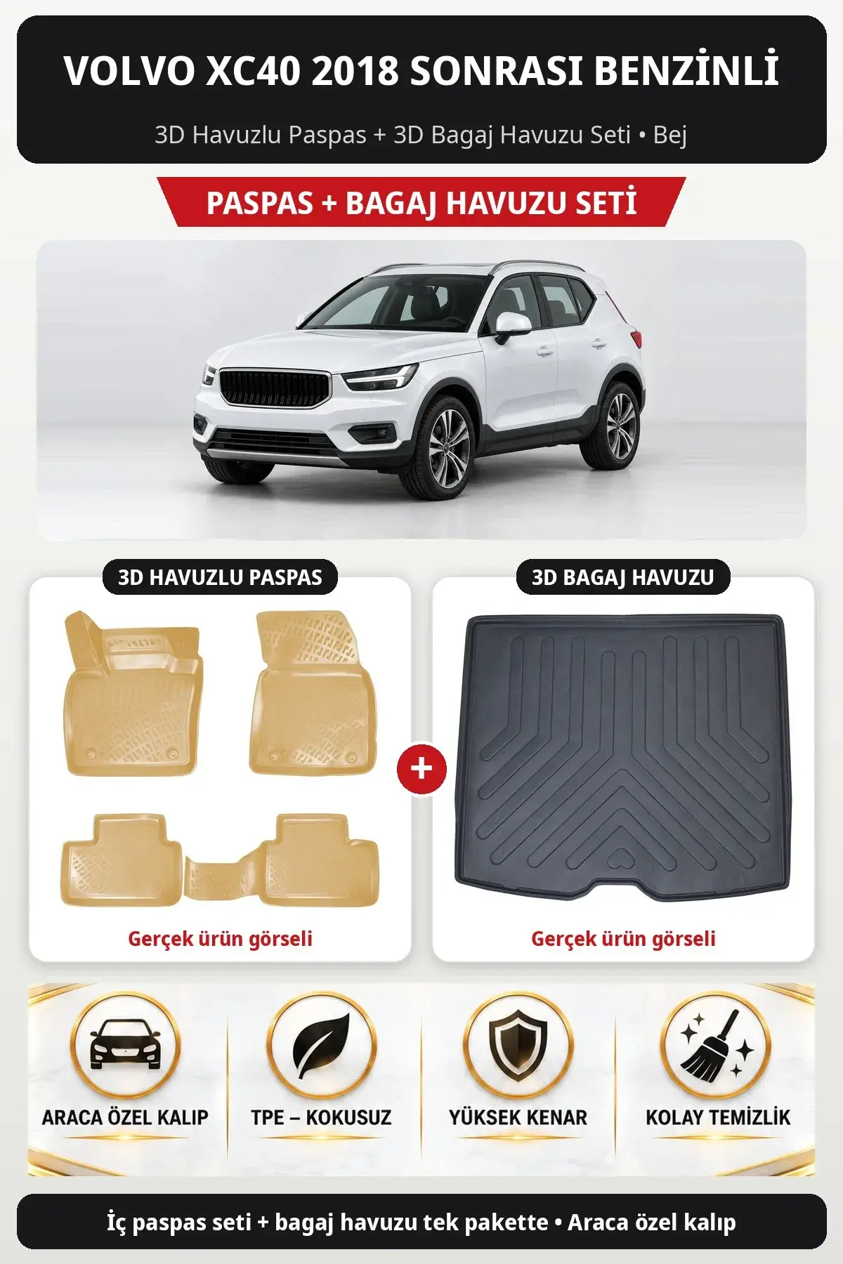 Volvo XC40 2018 Sonrası Benzinli 3D Havuzlu Paspas + 3D Bagaj Havuzu Seti Bej (1)