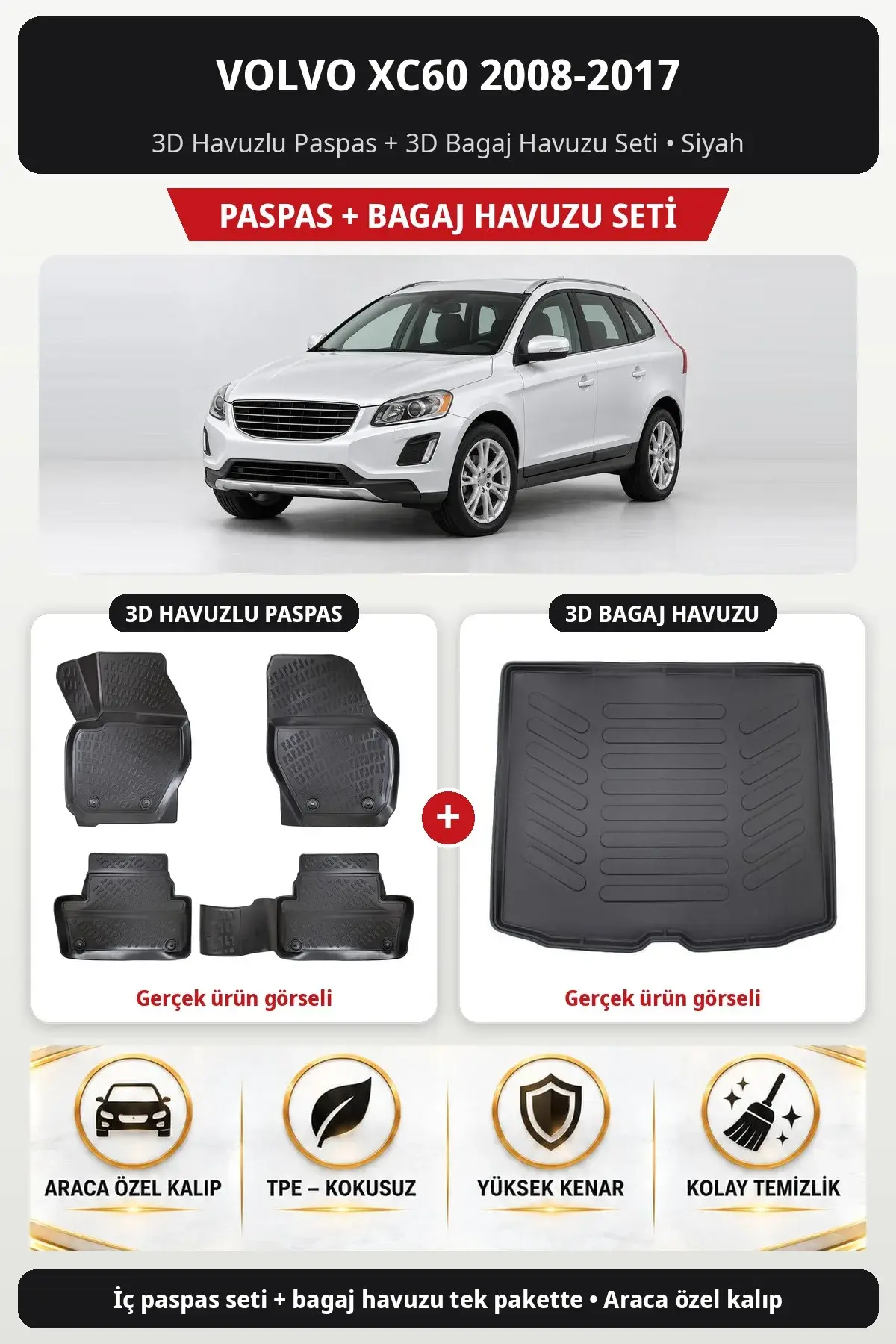 Volvo XC60 2008-2017 3D Havuzlu Paspas + 3D Bagaj Havuzu Seti Siyah (1)