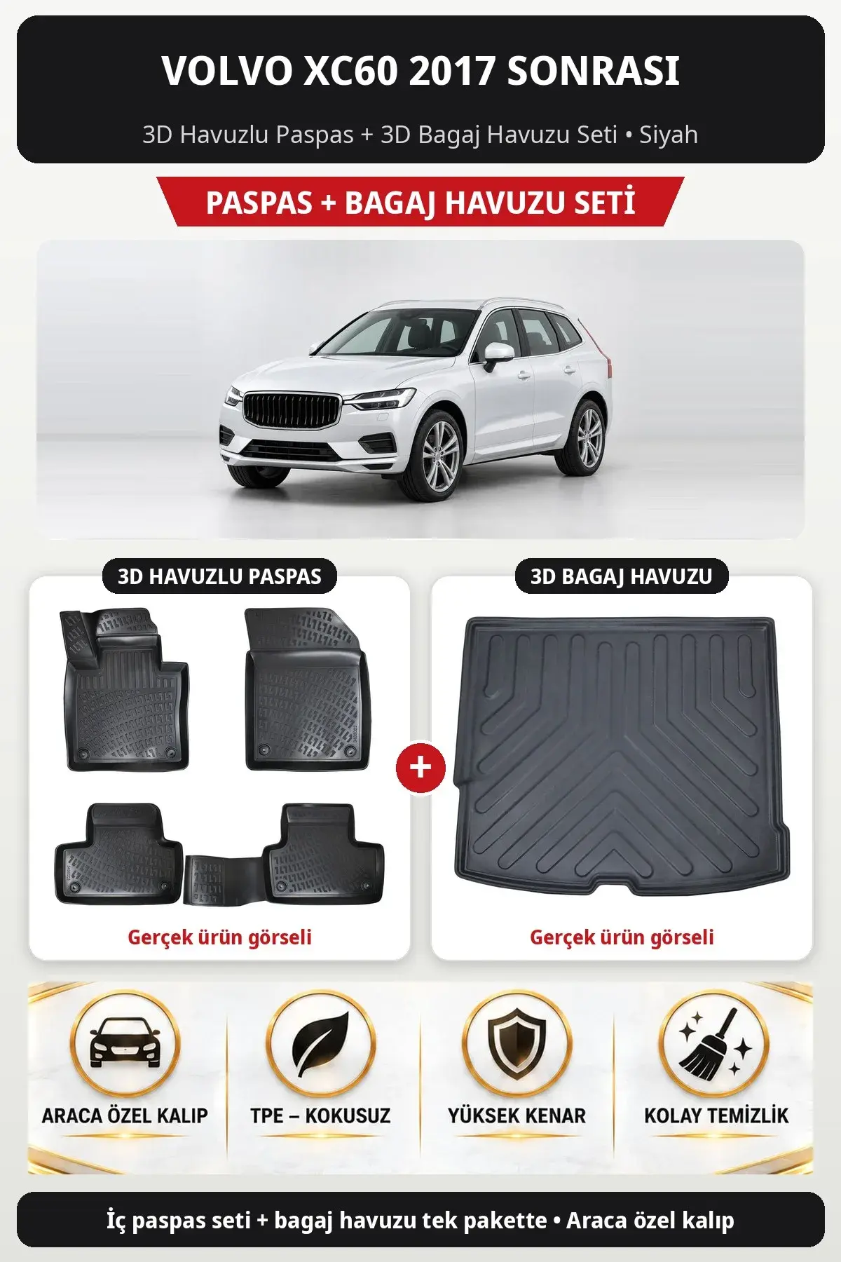 Volvo XC60 2017 Sonrası 3D Havuzlu Paspas + 3D Bagaj Havuzu Seti Siyah (1)