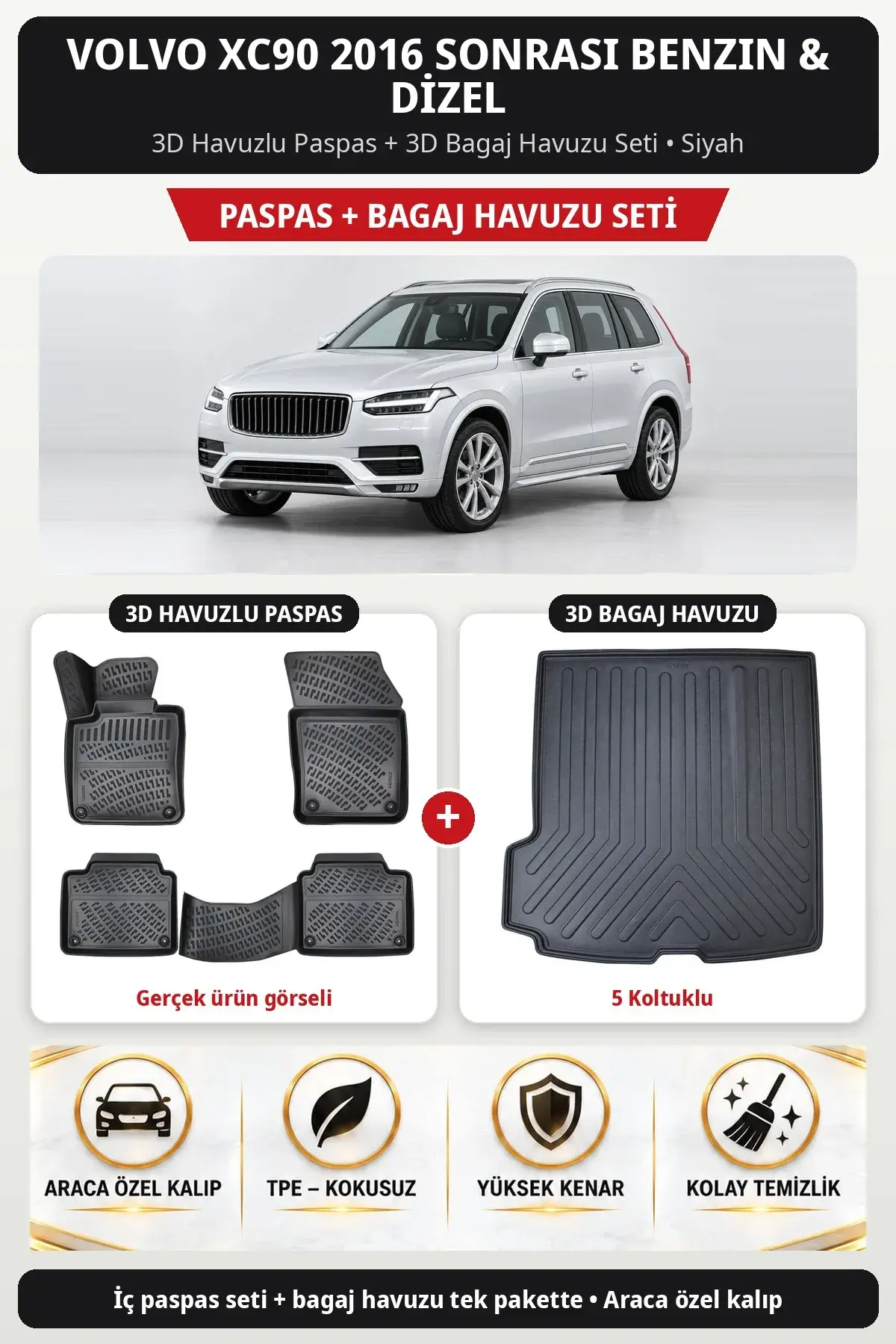 Volvo XC90 2016 Sonrası Benzin & Dizel 3D Havuzlu Paspas + 3D Bagaj Havuzu Seti (5 Koltuklu) Bej (1)
