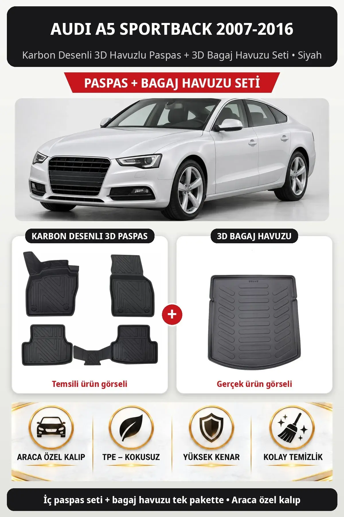 Audi A5 Sportback 2007-2016 Karbon Desenli 3D Havuzlu Paspas + 3D Bagaj Havuzu Seti Siyah (1)