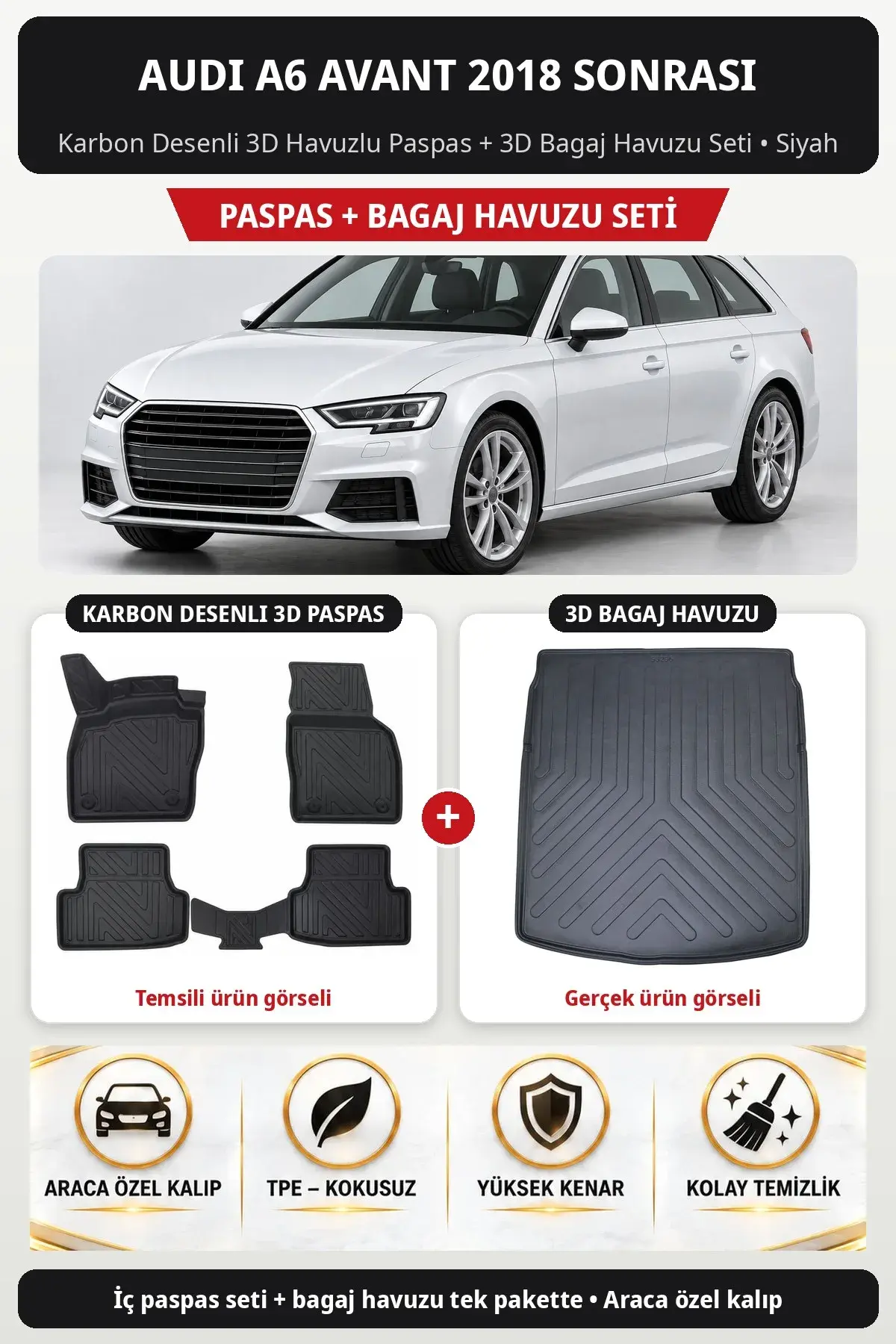Audi A6 Avant 2018 Sonrası Karbon Desenli 3D Havuzlu Paspas + 3D Bagaj Havuzu Seti Siyah (1)