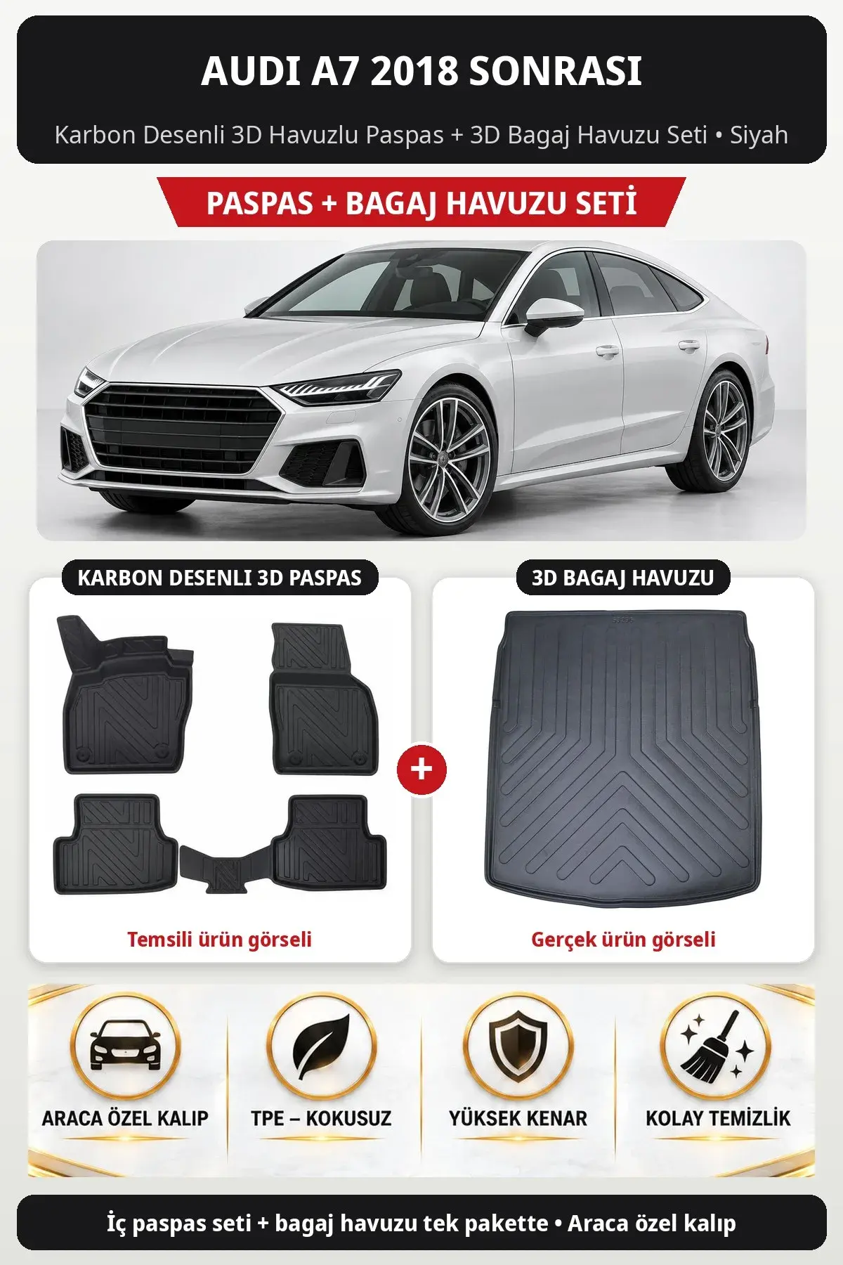 Audi A7 2018 Sonrası Karbon Desenli 3D Havuzlu Paspas + 3D Bagaj Havuzu Seti Siyah (1)