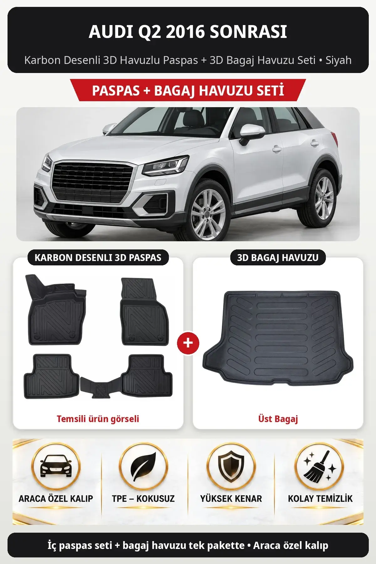 Audi Q2 2016 Sonrası Karbon Desenli 3D Havuzlu Paspas + 3D Bagaj Havuzu Seti (Üst Bagaj) Siyah (1)
