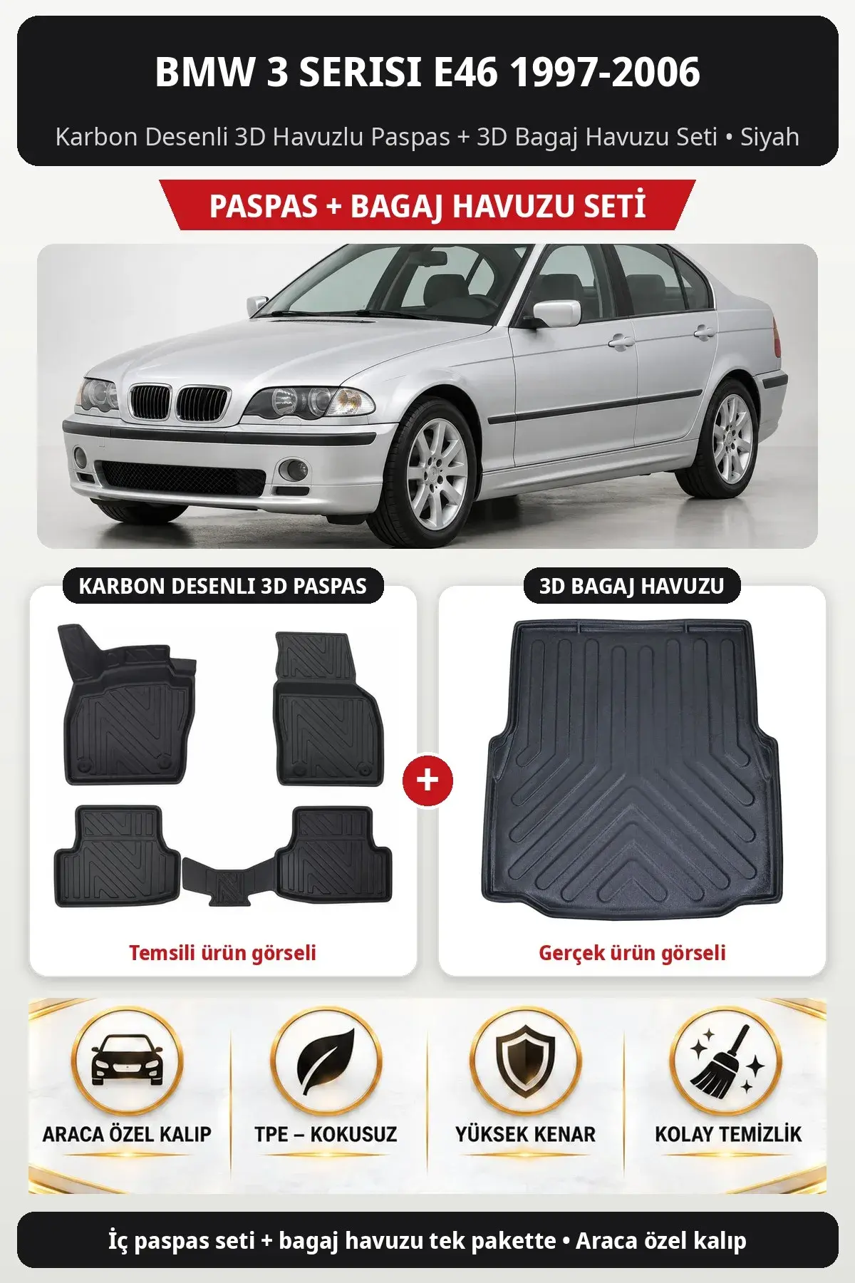 BMW 3 Serisi E46 1997-2006 Karbon Desenli 3D Havuzlu Paspas + 3D Bagaj Havuzu Seti Siyah (1)