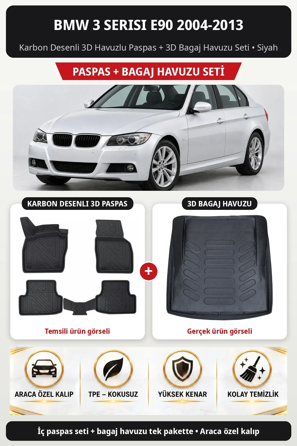 BMW 3 Serisi E90 2004-2013 Karbon Desenli 3D Havuzlu Paspas + 3D Bagaj Havuzu Seti Siyah (1)