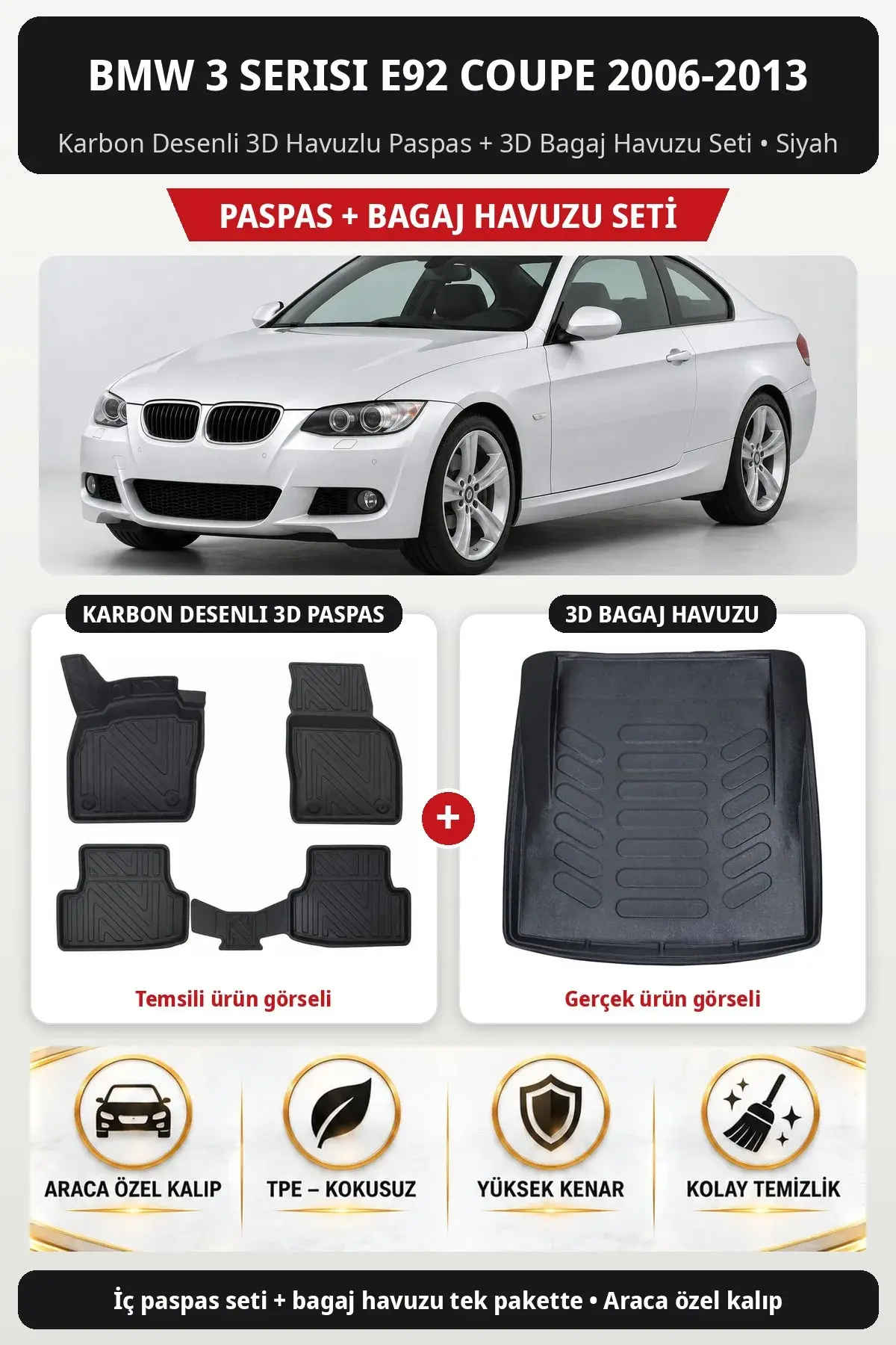 BMW 3 Serisi E92 Coupe 2006-2013 Karbon Desenli 3D Havuzlu Paspas + 3D Bagaj Havuzu Seti Siyah (1)