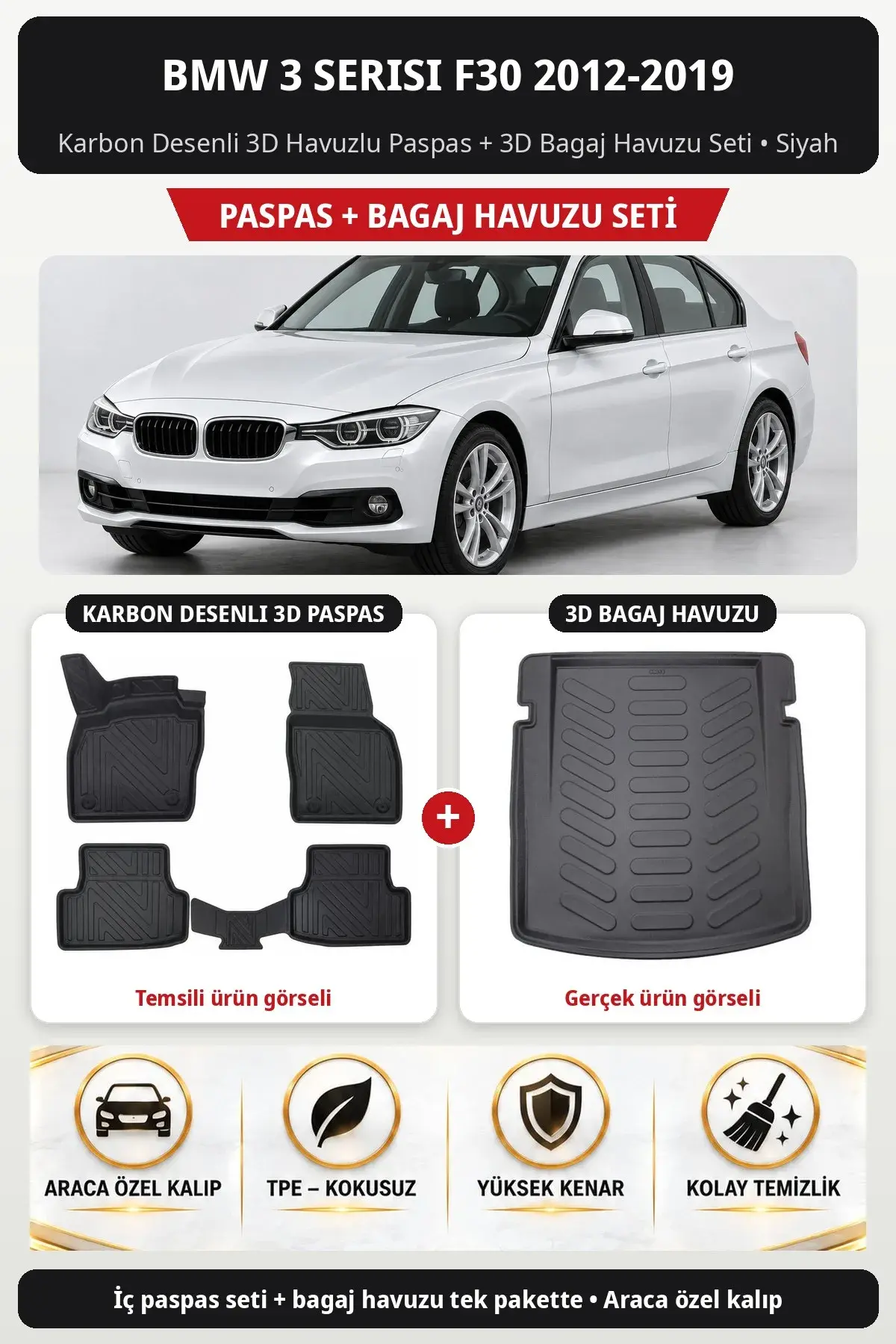 BMW 3 Serisi F30 2012-2019 Karbon Desenli 3D Havuzlu Paspas + 3D Bagaj Havuzu Seti Siyah (1)