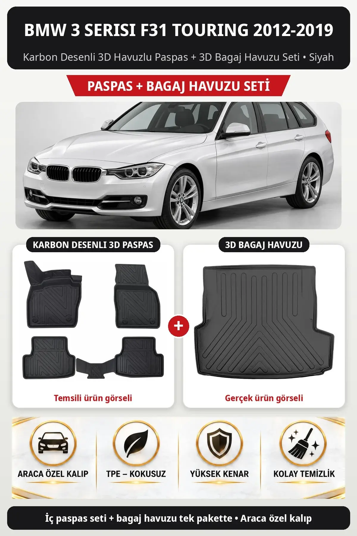 BMW 3 Serisi F31 Touring 2012-2019 Karbon Desenli 3D Havuzlu Paspas + 3D Bagaj Havuzu Seti Siyah (1)