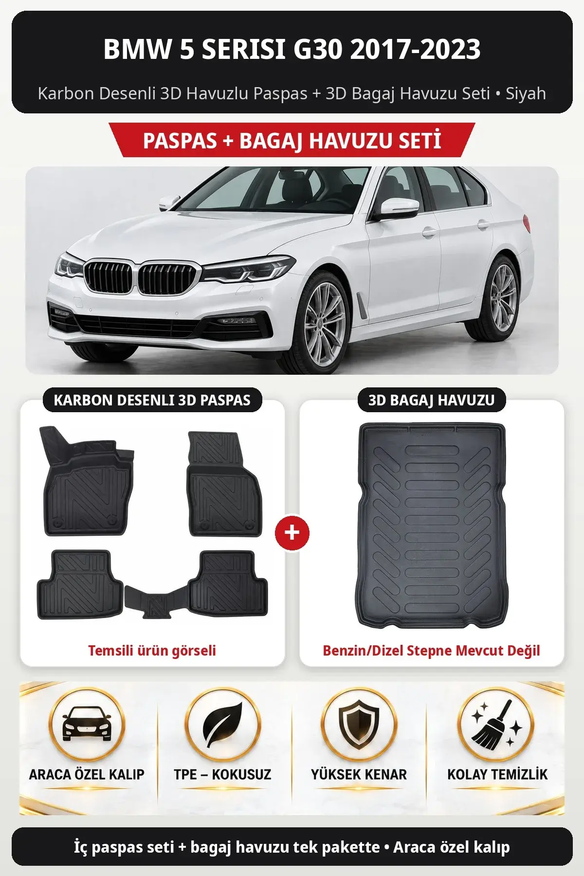 BMW 5 Serisi G30 2017-2023 Karbon Desenli 3D Paspas + Bagaj Havuzu Seti (Benzin/Dizel Stepne Mevcut Değil) Siyah (1)