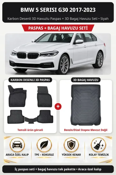BMW 5 Serisi G30 2017-2023 Karbon 3D Paspas + Bagaj Seti (Benzin/Dizel Stepne Mevcut Değil) Siyah