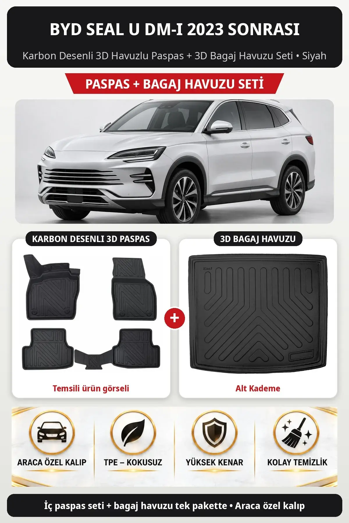 BYD Seal U DM-i 2023 Sonrası Karbon Desenli 3D Paspas + Bagaj Havuzu Seti (Alt Kademe) Siyah (1)