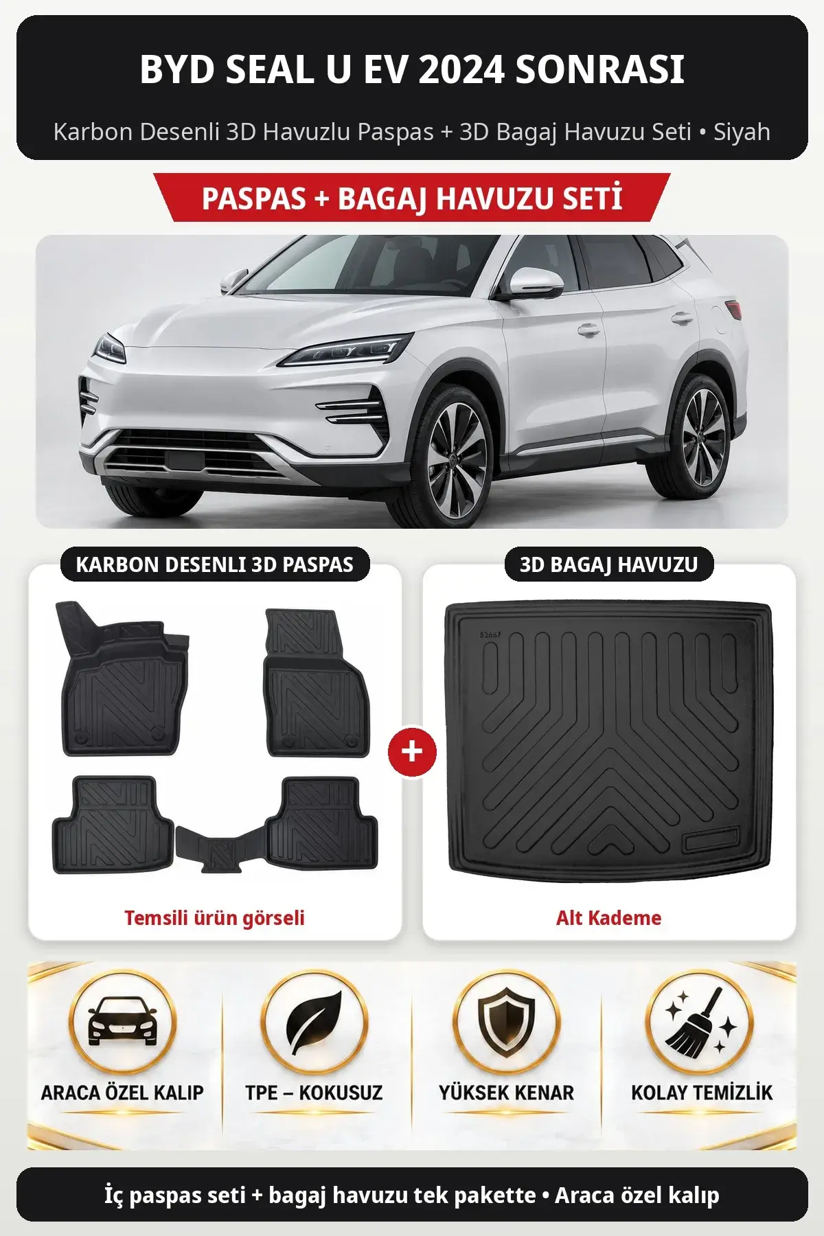 BYD Seal U EV 2024 Sonrası Karbon Desenli 3D Paspas + Bagaj Havuzu Seti (Alt Kademe) Siyah (1)