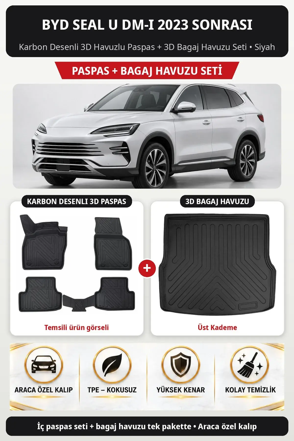 BYD Seal U DM-i 2023 Sonrası Karbon Desenli 3D Paspas + Bagaj Havuzu Seti (Üst Kademe) Siyah (1)