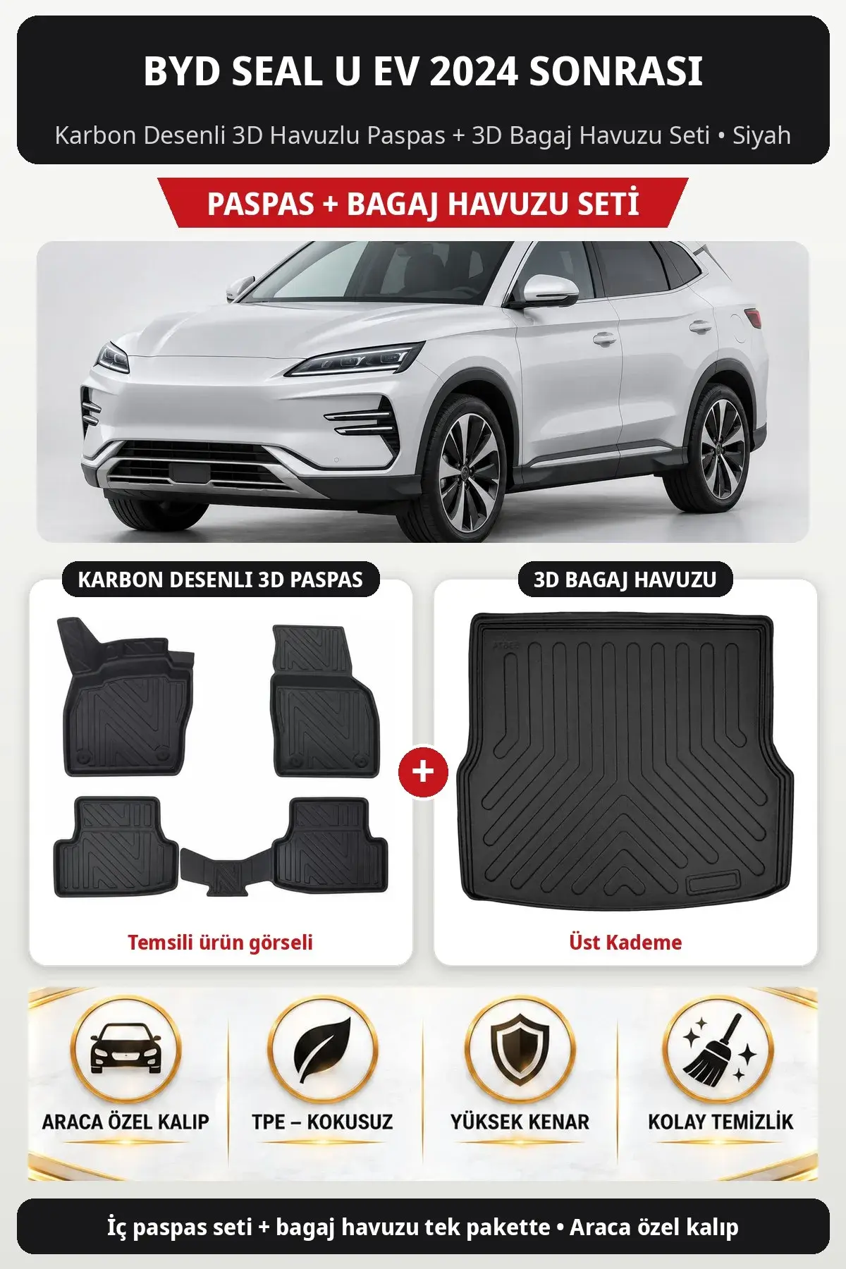 BYD Seal U EV 2024 Sonrası Karbon Desenli 3D Paspas + Bagaj Havuzu Seti (Üst Kademe) Siyah (1)