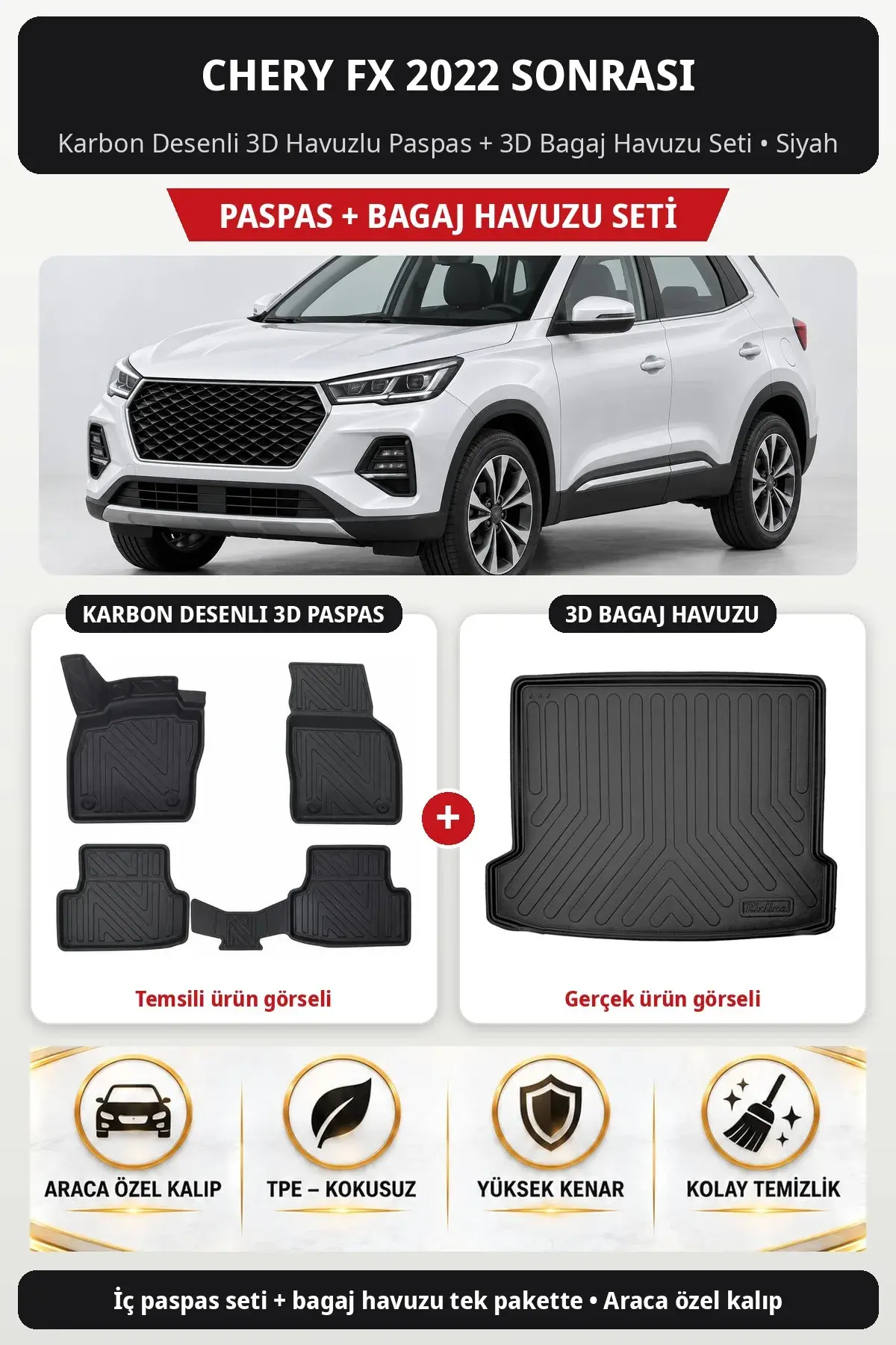 Chery FX 2022 Sonrası Karbon Desenli 3D Havuzlu Paspas + 3D Bagaj Havuzu Seti Siyah (1)