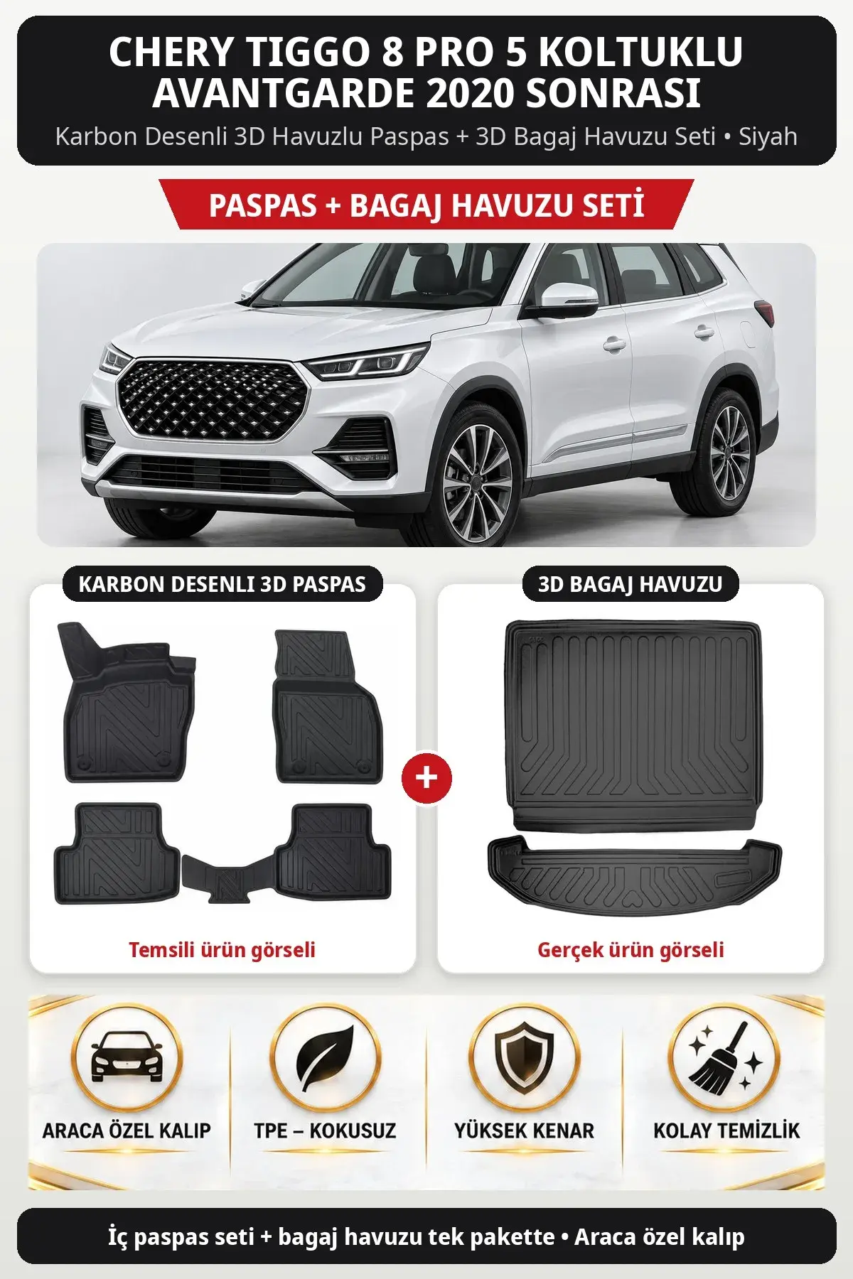 Chery Tiggo 8 Pro 5 Koltuklu Avantgarde 2020 Sonrası Karbon Desenli 3D Paspas + Bagaj Havuzu Seti Siyah (1)