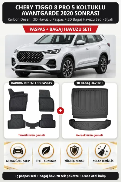 Chery Tiggo 8 Pro 5 Koltuklu Avantgarde 2020 Sonrası Karbon 3D Paspas + Bagaj Havuzu Seti Siyah