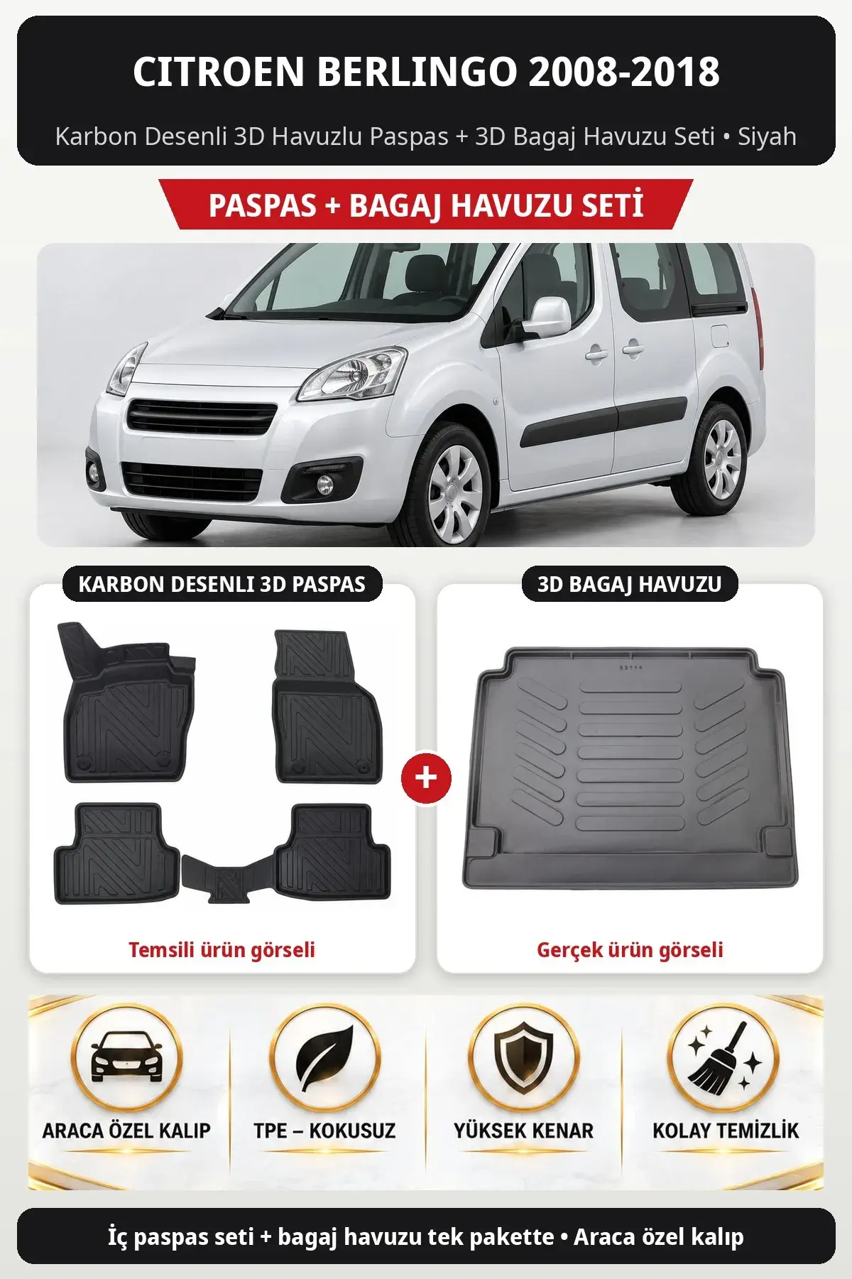 Citroen Berlingo 2008-2018 Karbon Desenli 3D Havuzlu Paspas + 3D Bagaj Havuzu Seti Siyah (1)