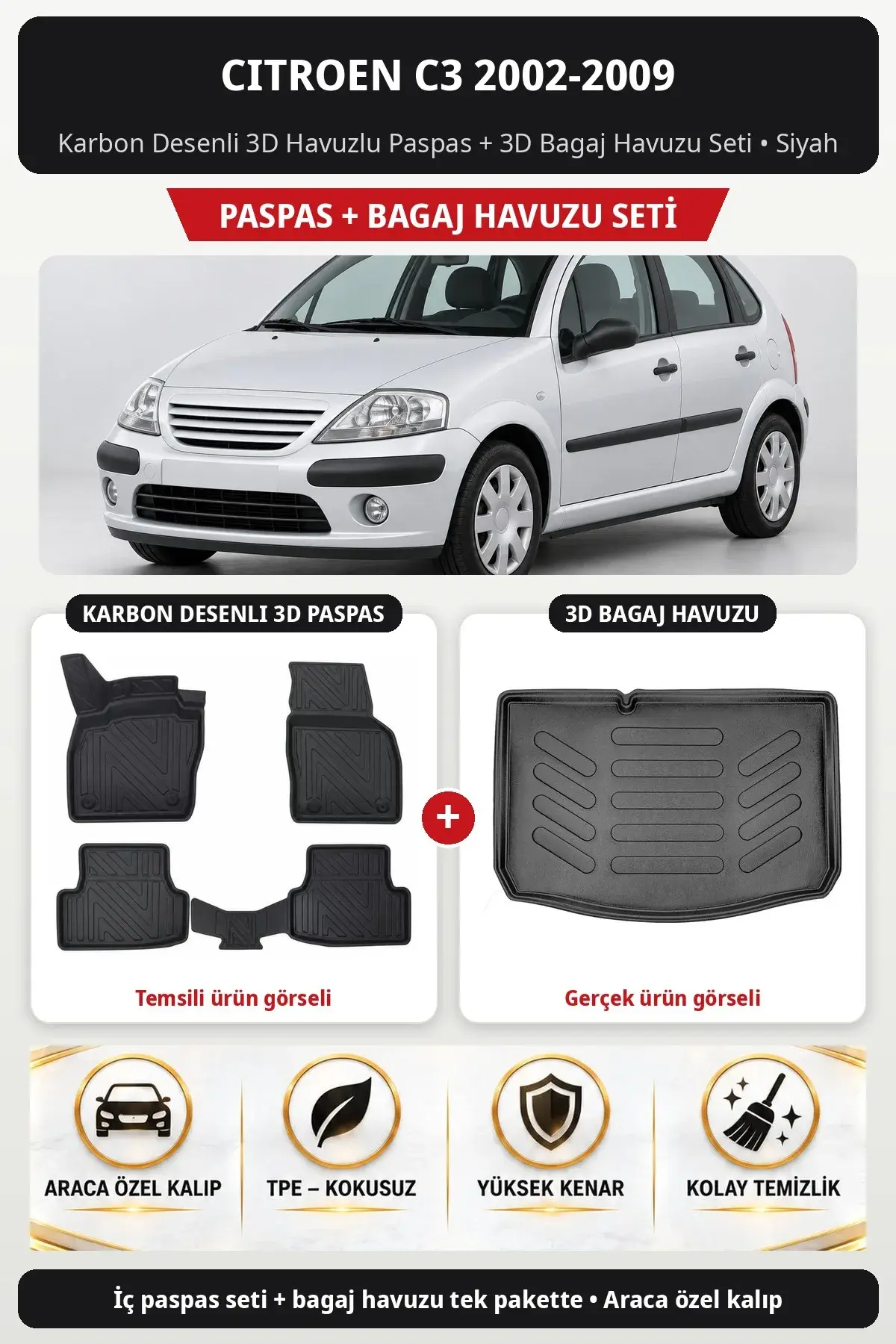 Citroen C3 2002-2009 Karbon Desenli 3D Havuzlu Paspas + 3D Bagaj Havuzu Seti Siyah (1)