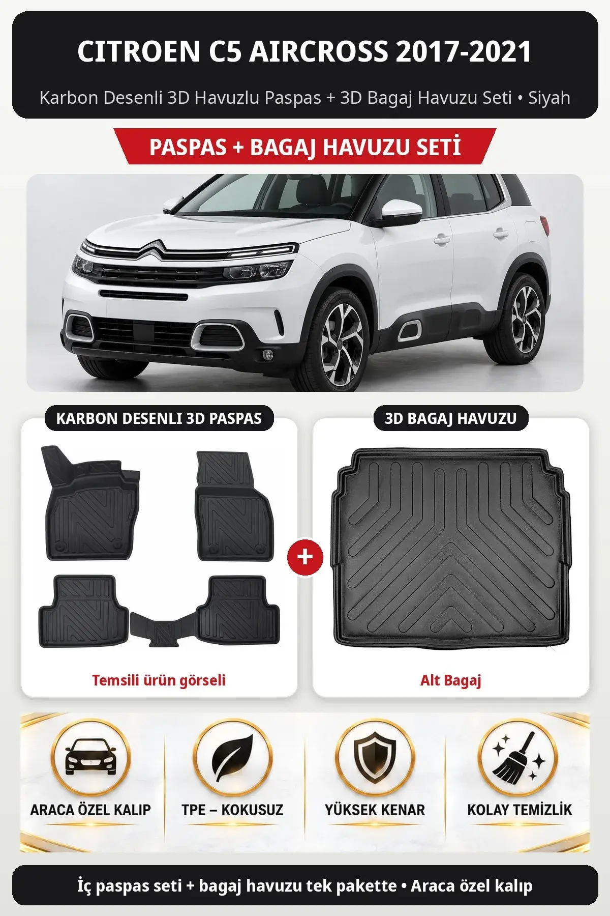 Citroen C5 Aircross 2017-2021 Karbon Desenli 3D Paspas + Bagaj Havuzu Seti (Alt Bagaj) Siyah (1)