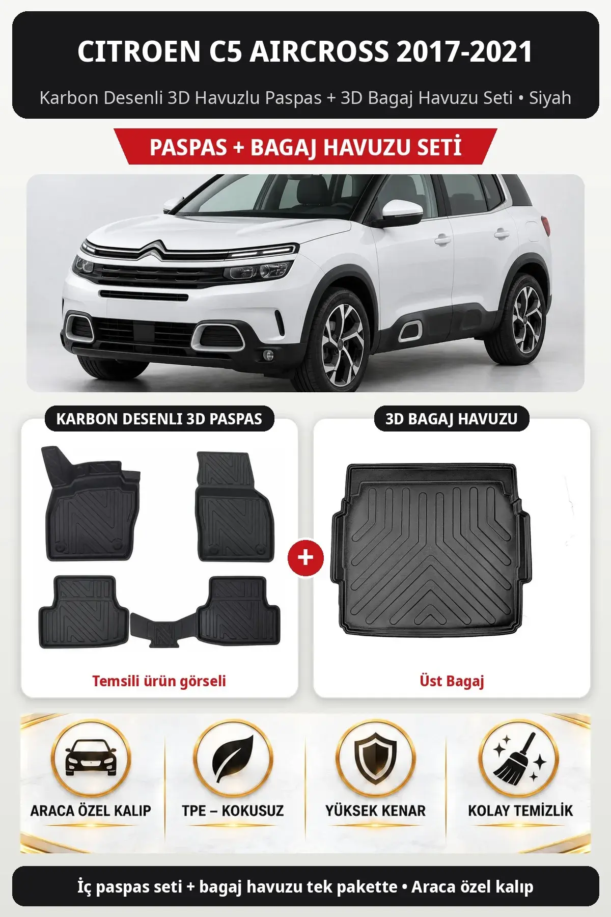 Citroen C5 Aircross 2017-2021 Karbon Desenli 3D Paspas + Bagaj Havuzu Seti (Üst Bagaj) Siyah (1)