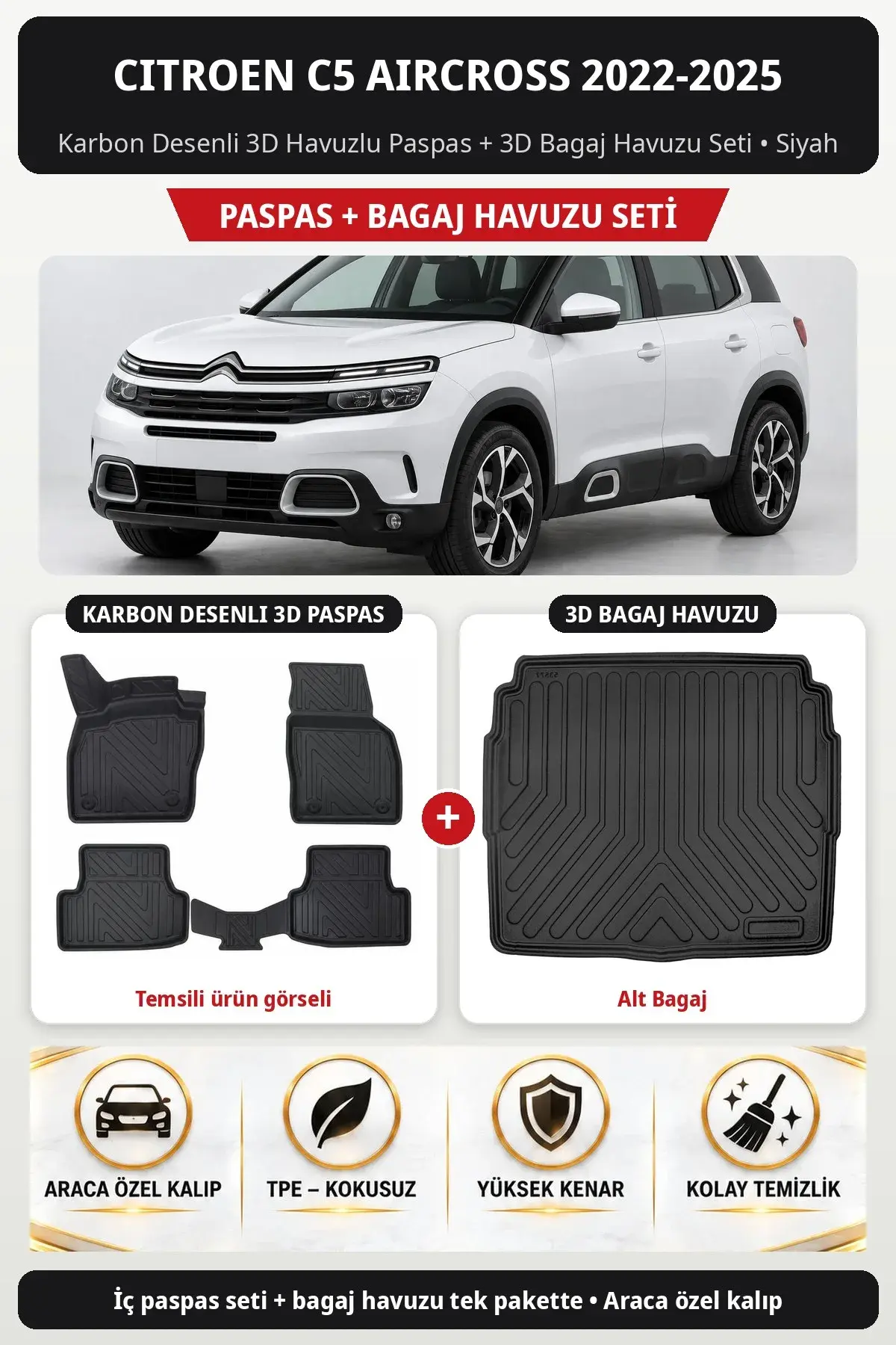 Citroen C5 Aircross 2022-2025 Karbon Desenli 3D Paspas + Bagaj Havuzu Seti (Alt Bagaj) Siyah (1)