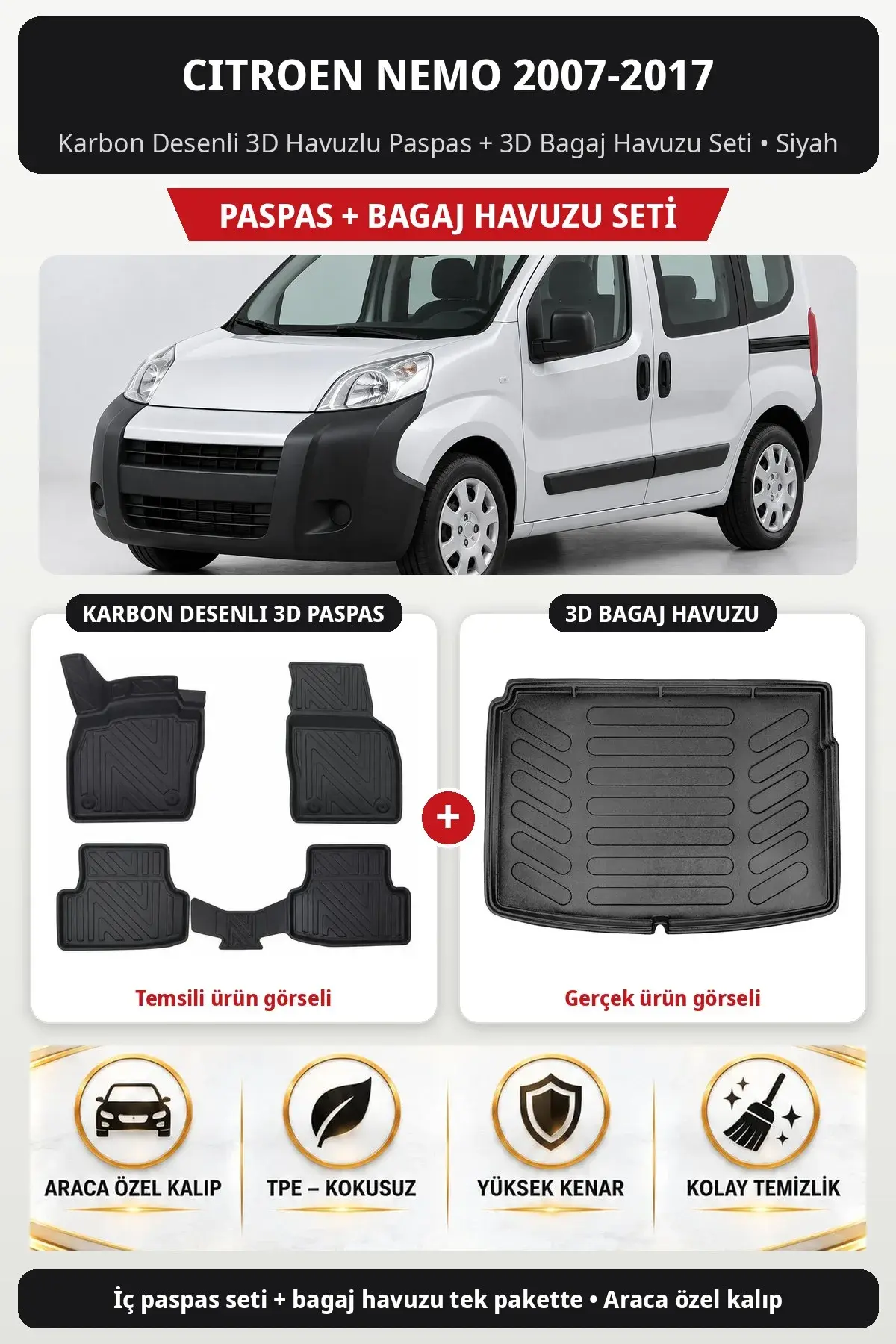 Citroen Nemo 2007-2017 Karbon Desenli 3D Havuzlu Paspas + 3D Bagaj Havuzu Seti Siyah (1)