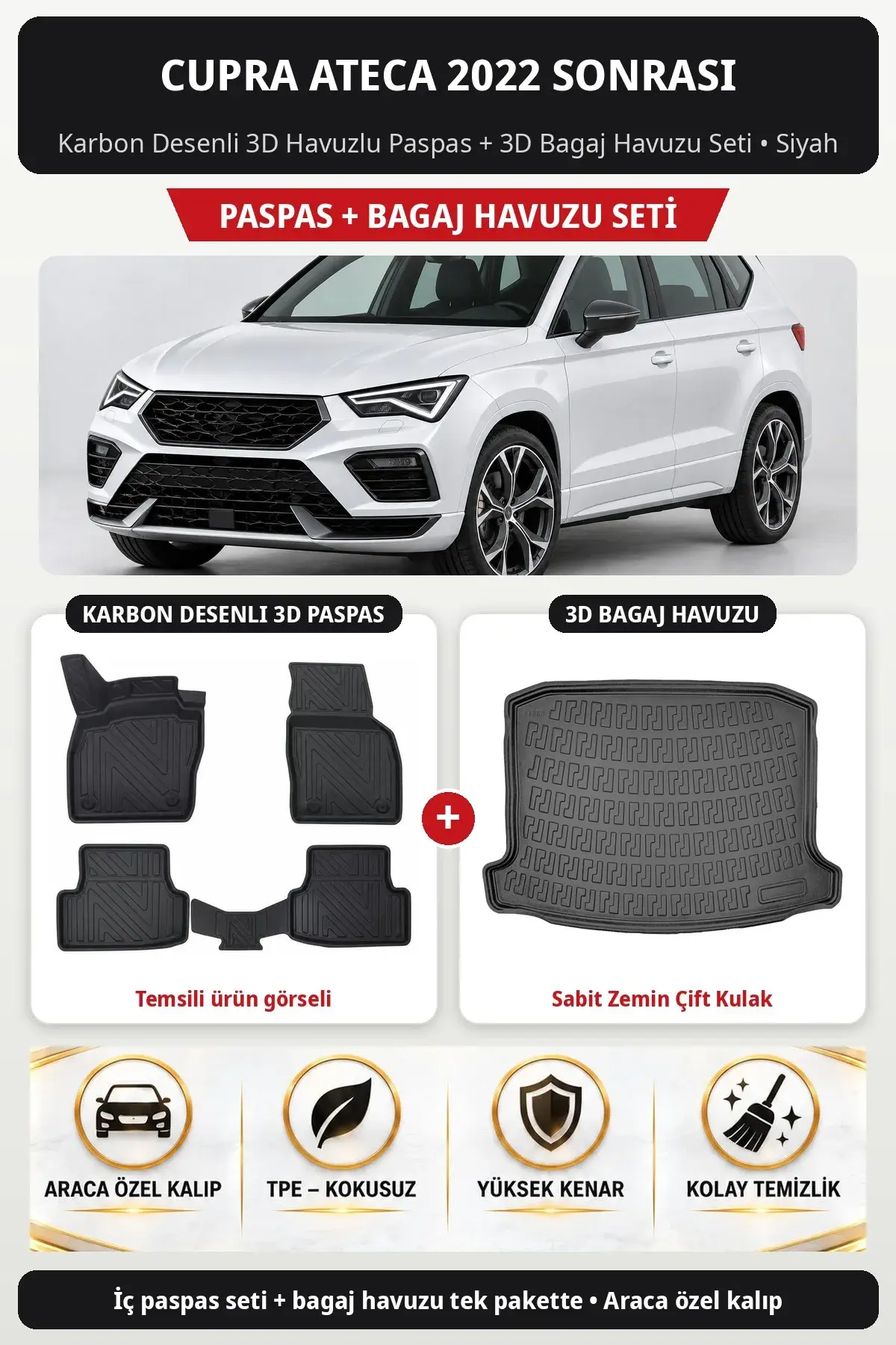 Cupra Ateca 2022 Sonrası Karbon Desenli 3D Paspas + Bagaj Havuzu Seti (Sabit Zemin Çift Kulak) Siyah (1)
