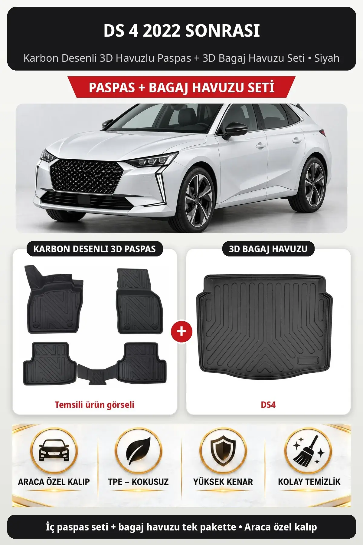 DS 4 2022 Sonrası Karbon Desenli 3D Havuzlu Paspas + 3D Bagaj Havuzu Seti (DS4) Siyah (1)