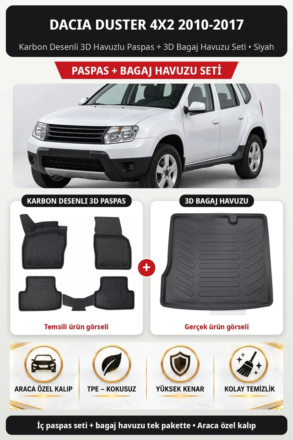 Dacia Duster 4x2 2010-2017 Karbon Desenli 3D Havuzlu Paspas + 3D Bagaj Havuzu Seti Siyah (1)