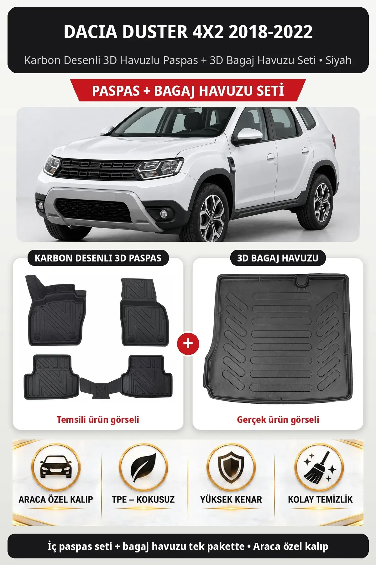 Dacia Duster 4x2 2018-2022 Karbon Desenli 3D Havuzlu Paspas + 3D Bagaj Havuzu Seti Siyah (1)