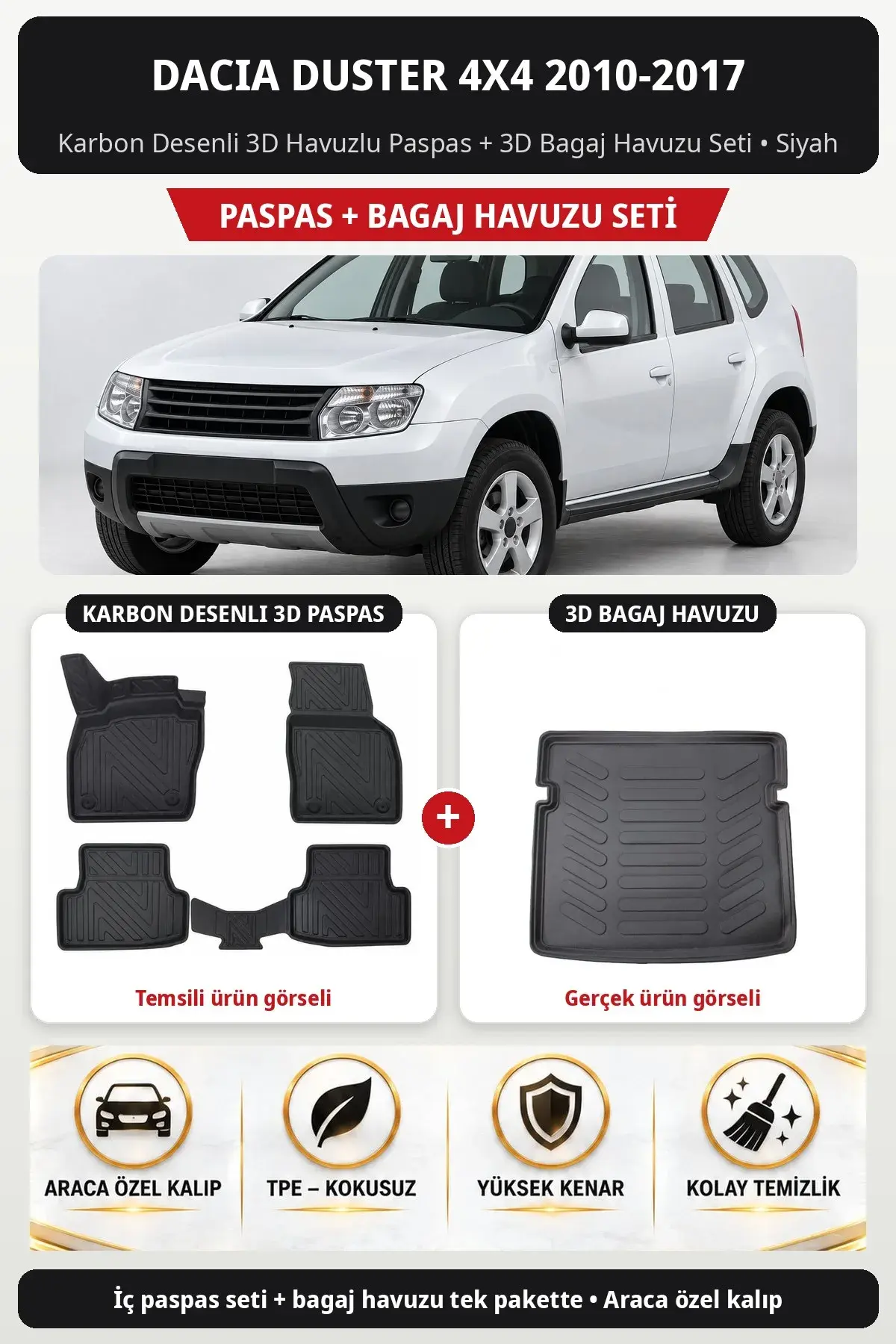 Dacia Duster 4x4 2010-2017 Karbon Desenli 3D Havuzlu Paspas + 3D Bagaj Havuzu Seti Siyah (1)