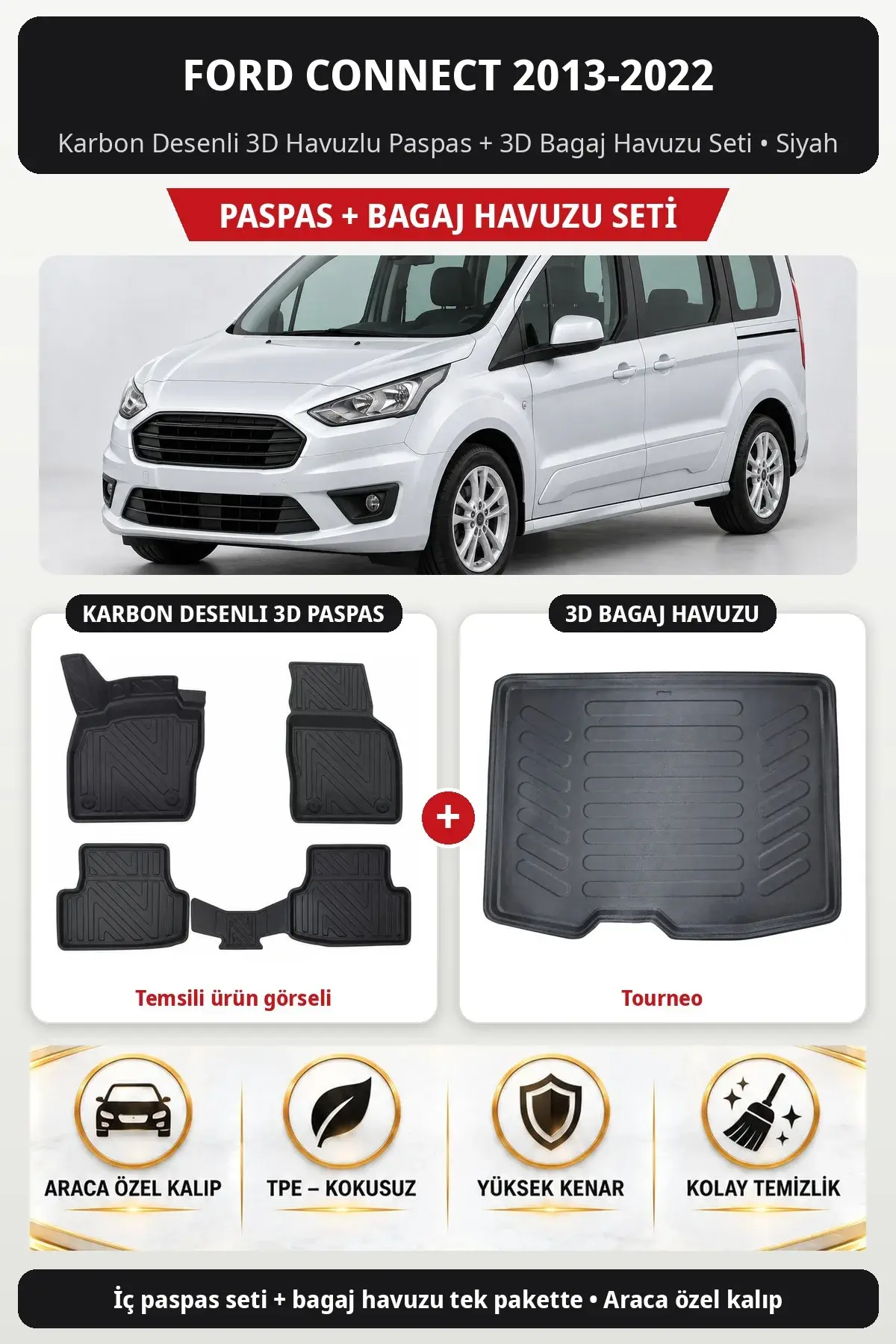 Ford Connect 2013-2022 Karbon Desenli 3D Havuzlu Paspas + 3D Bagaj Havuzu Seti (Tourneo) Siyah (1)