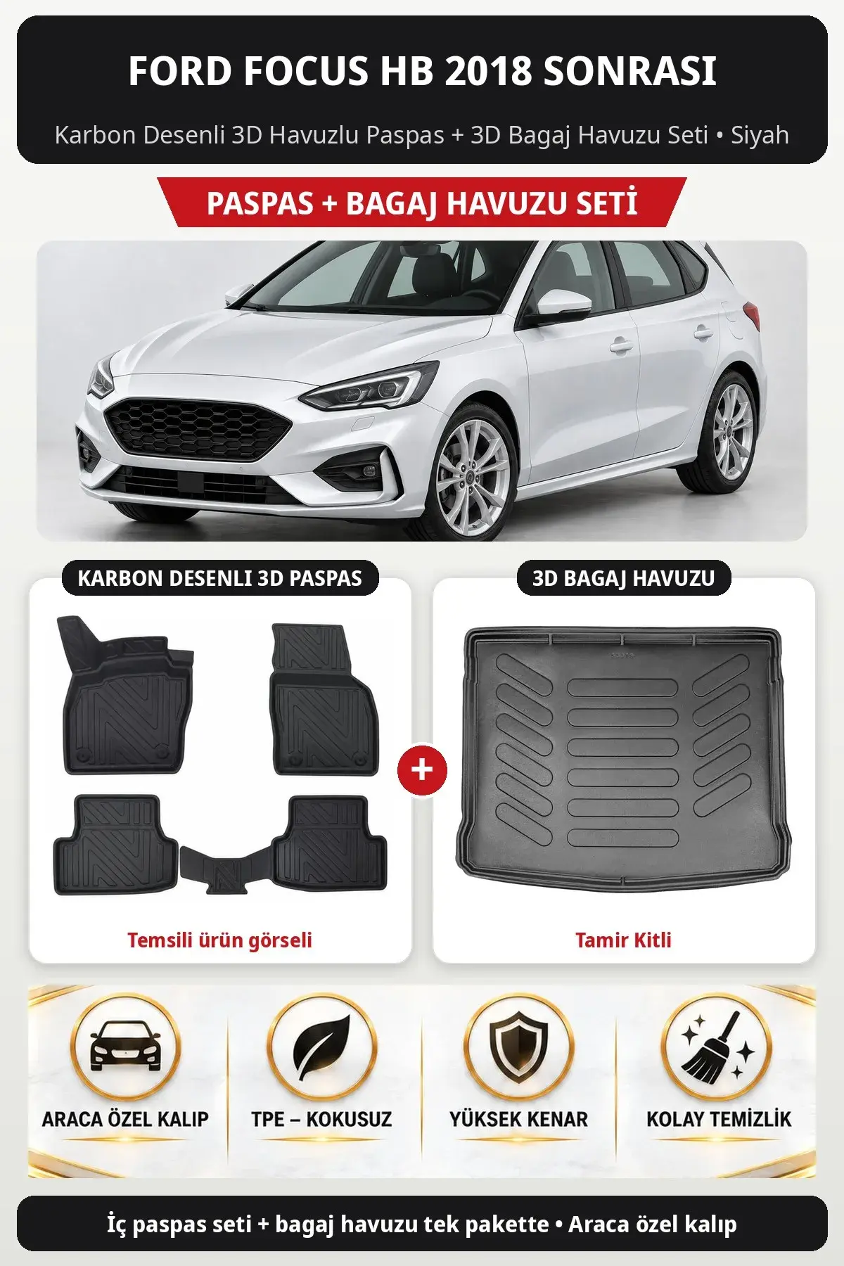Ford Focus Hb 2018 Sonrası Karbon Desenli 3D Paspas + Bagaj Havuzu Seti (Tamir Kitli) Siyah (1)