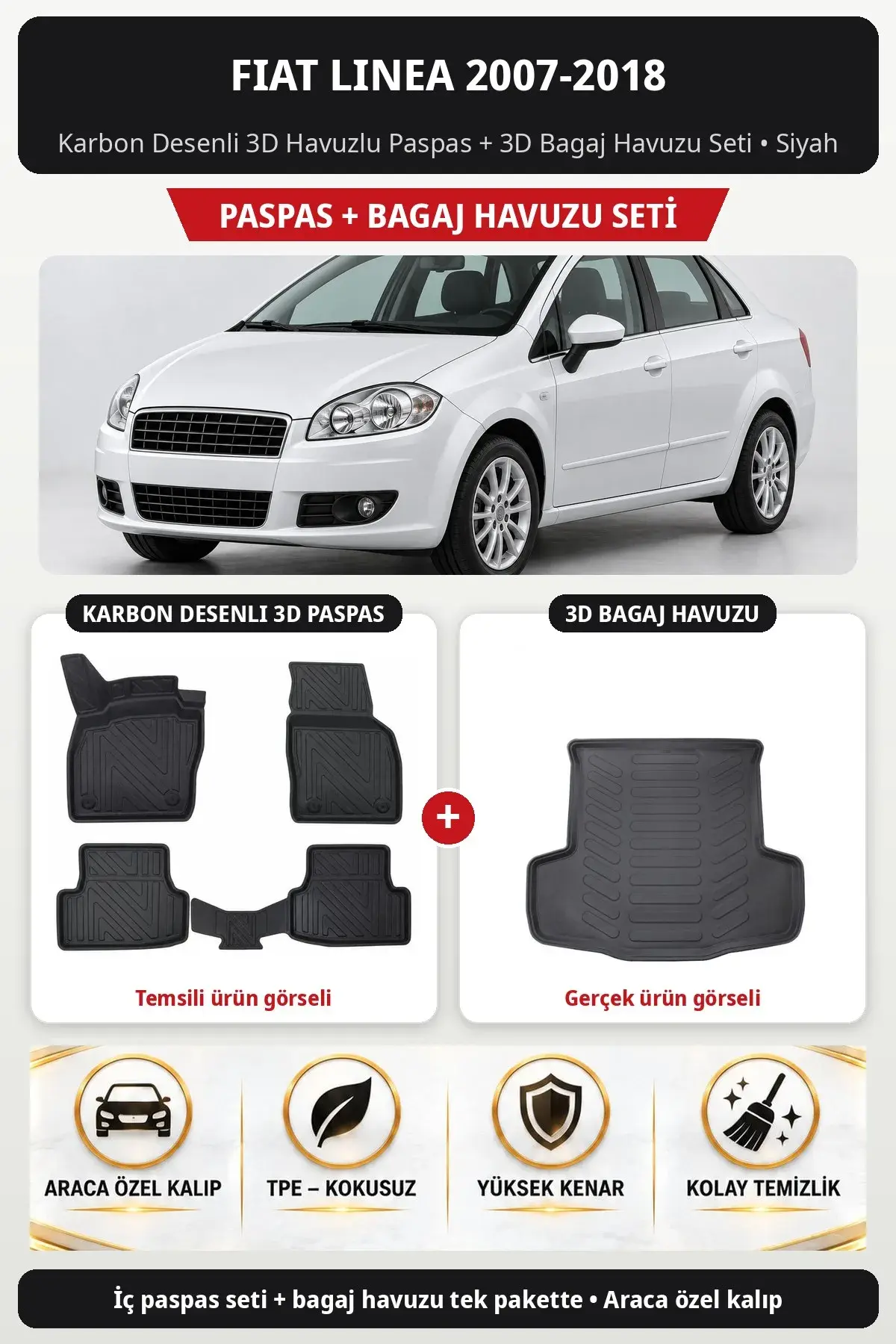Fiat Linea 2007-2018 Karbon Desenli 3D Havuzlu Paspas + 3D Bagaj Havuzu Seti Siyah (1)